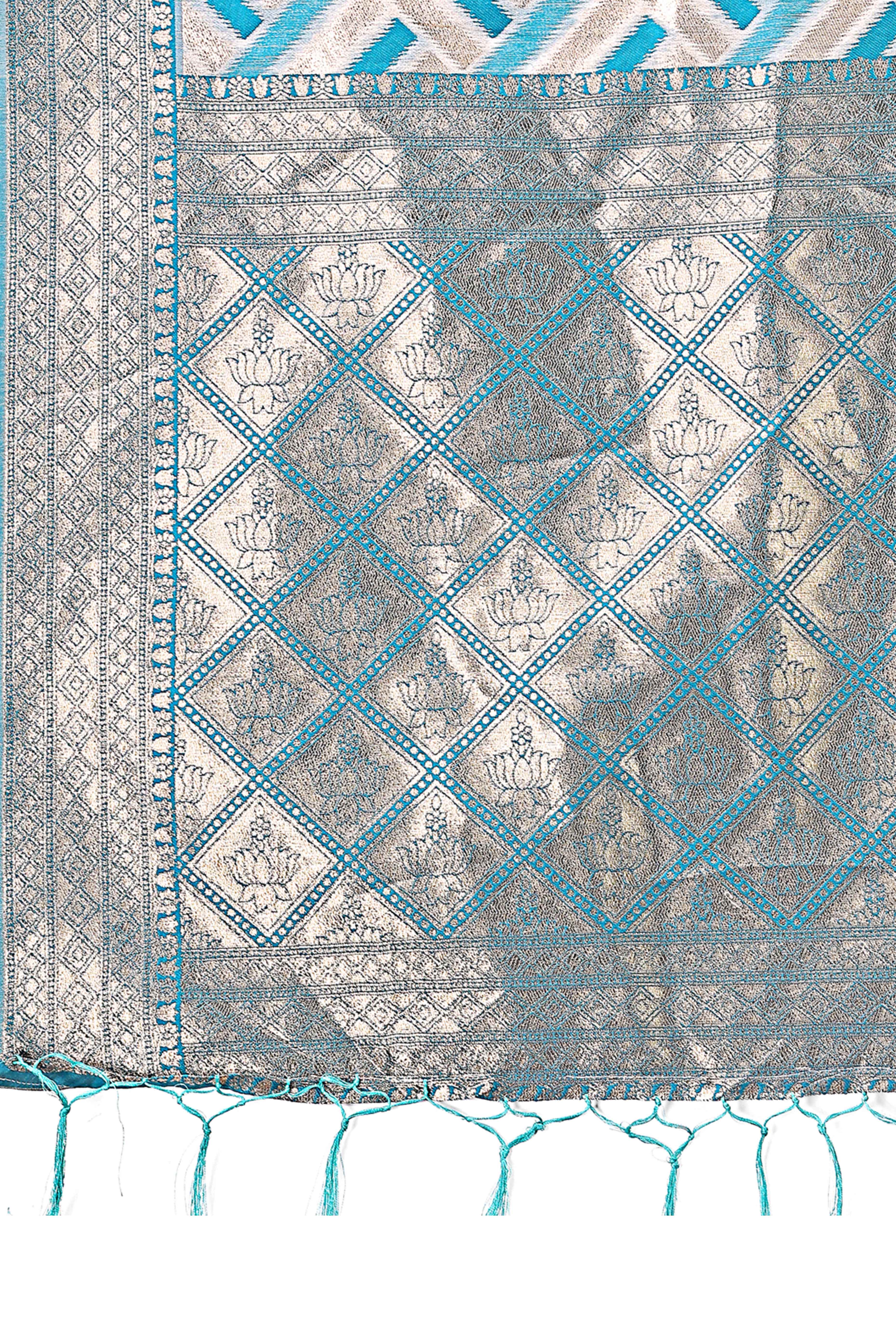 Teal Saree with Zari Woven Geometric Motifs and Graceful Tassel Accents