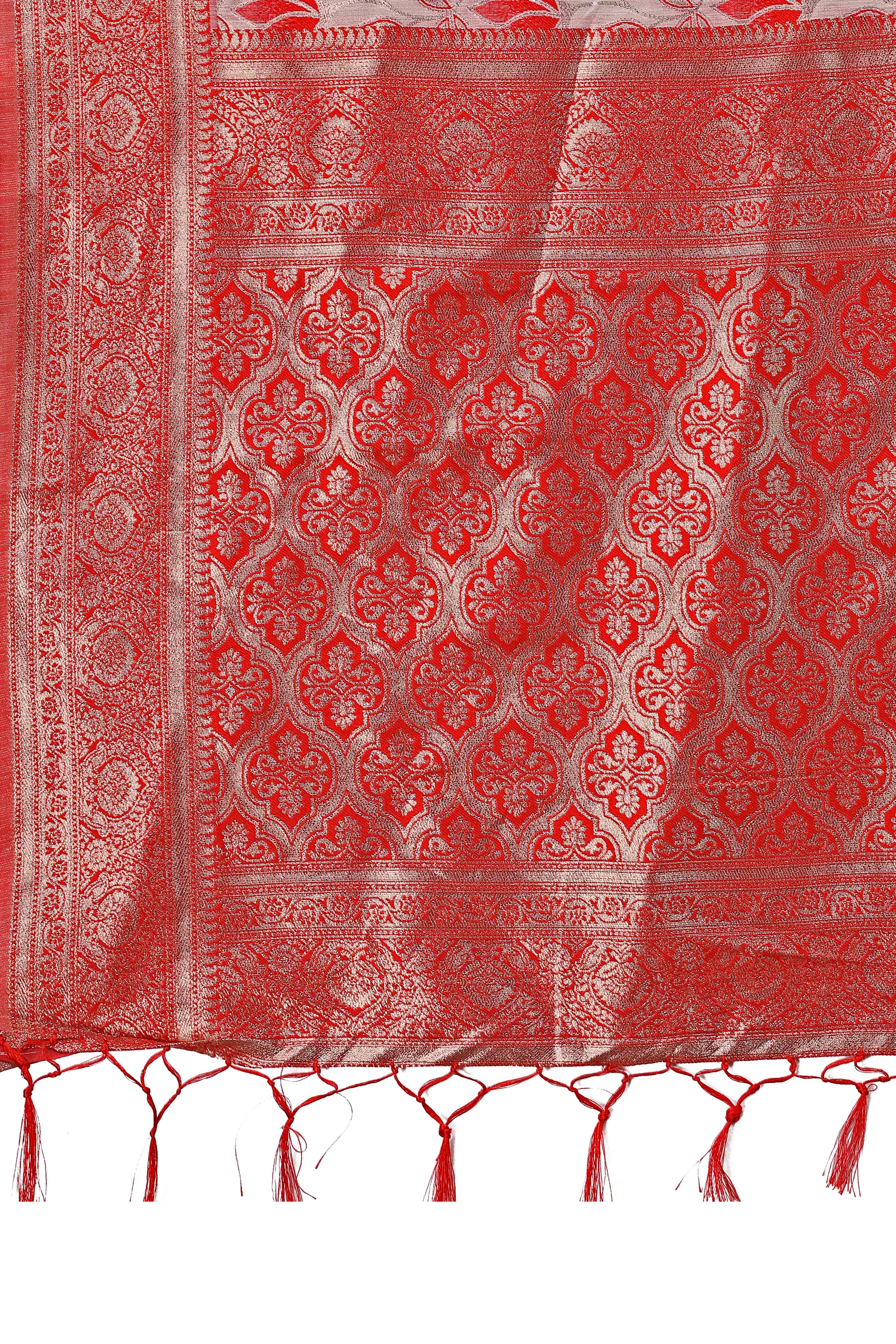 Red Linen Cotton Saree Featuring Graceful Floral Patterns in Zari Weave