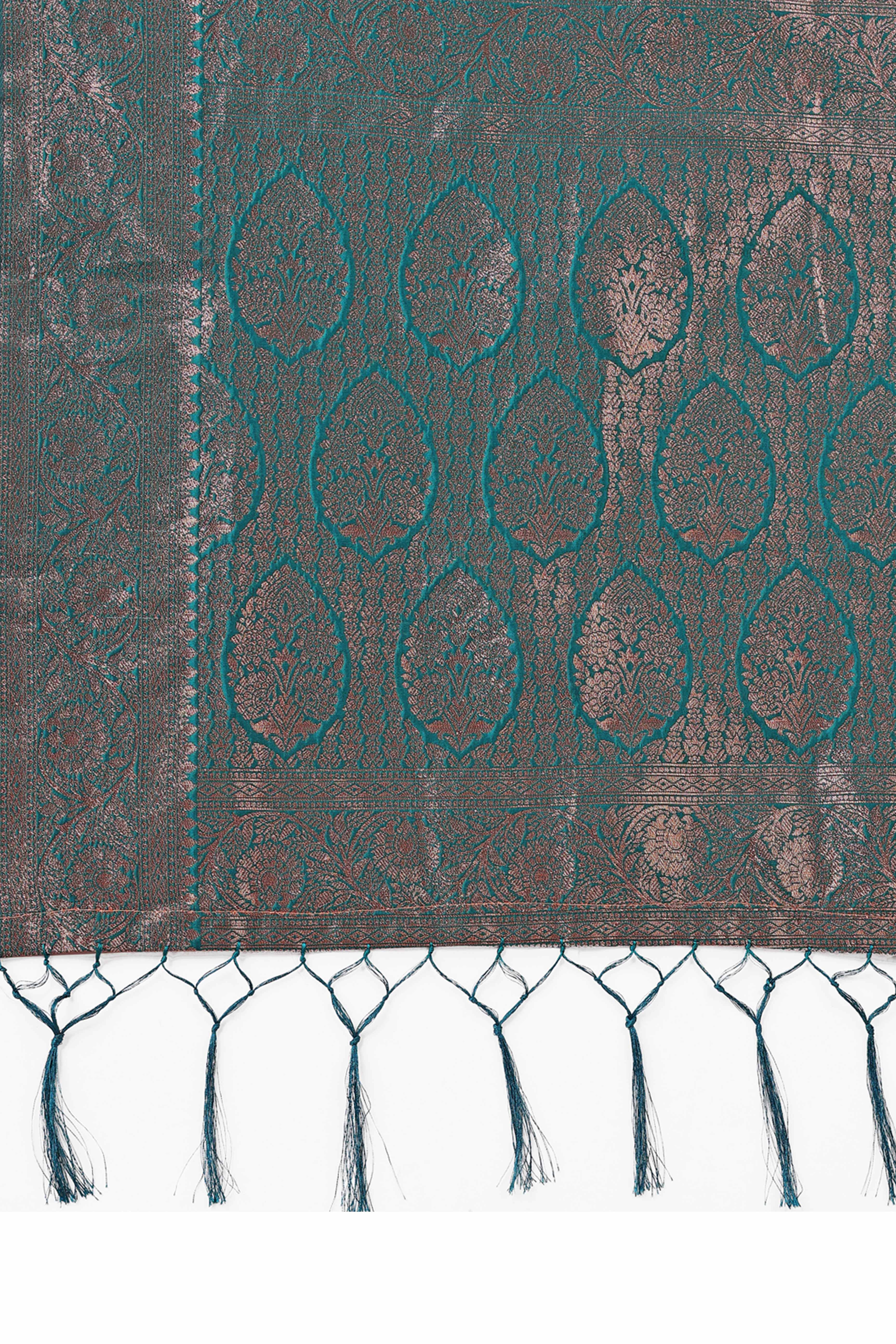 Teal Saree In Lichi Silk Blend With Floral Zari Weaving & Delicate Tassel Border