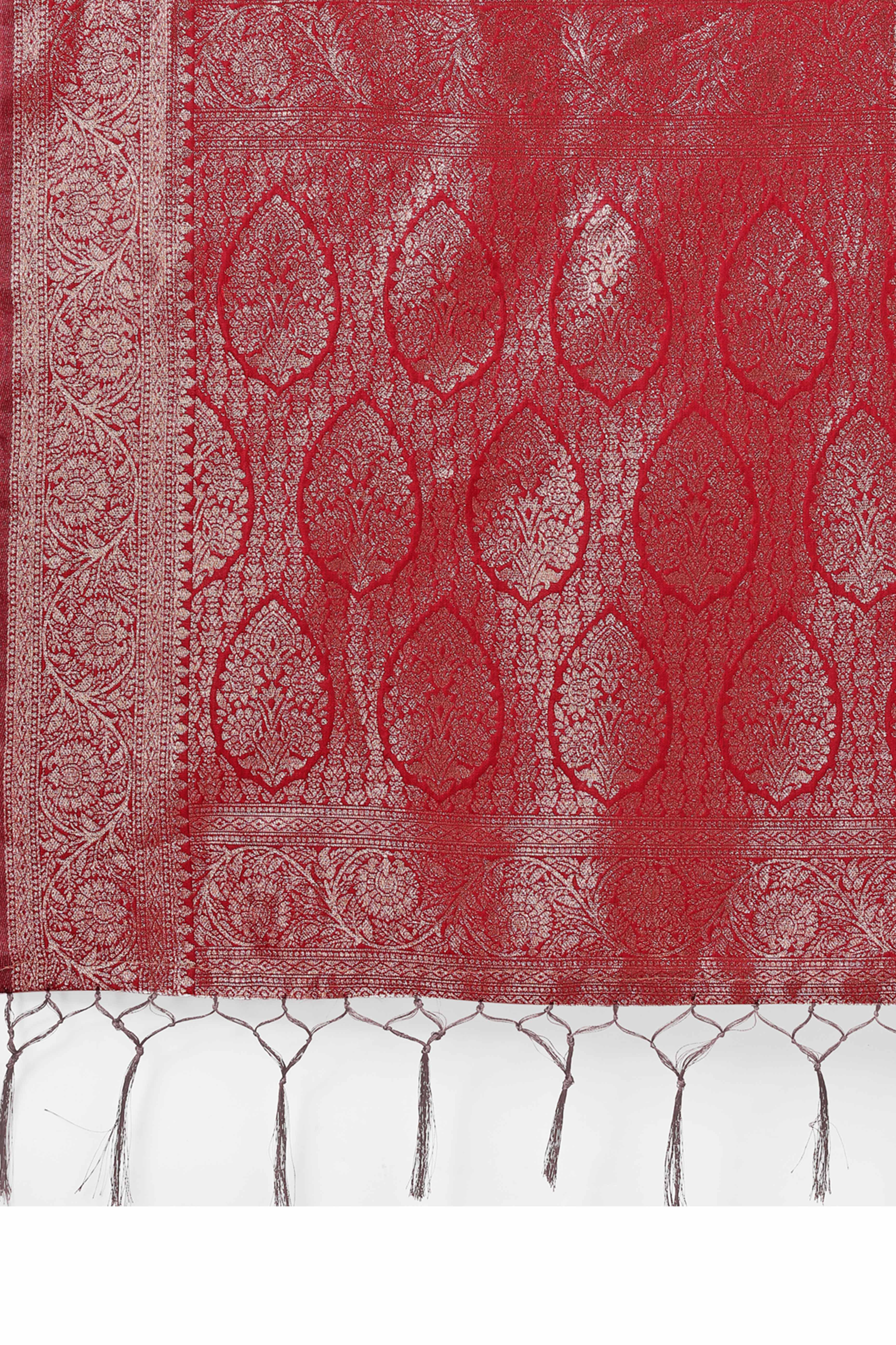 Red Saree In Lichi Silk Blend With Floral Zari Weaving & Delicate Tassel Border