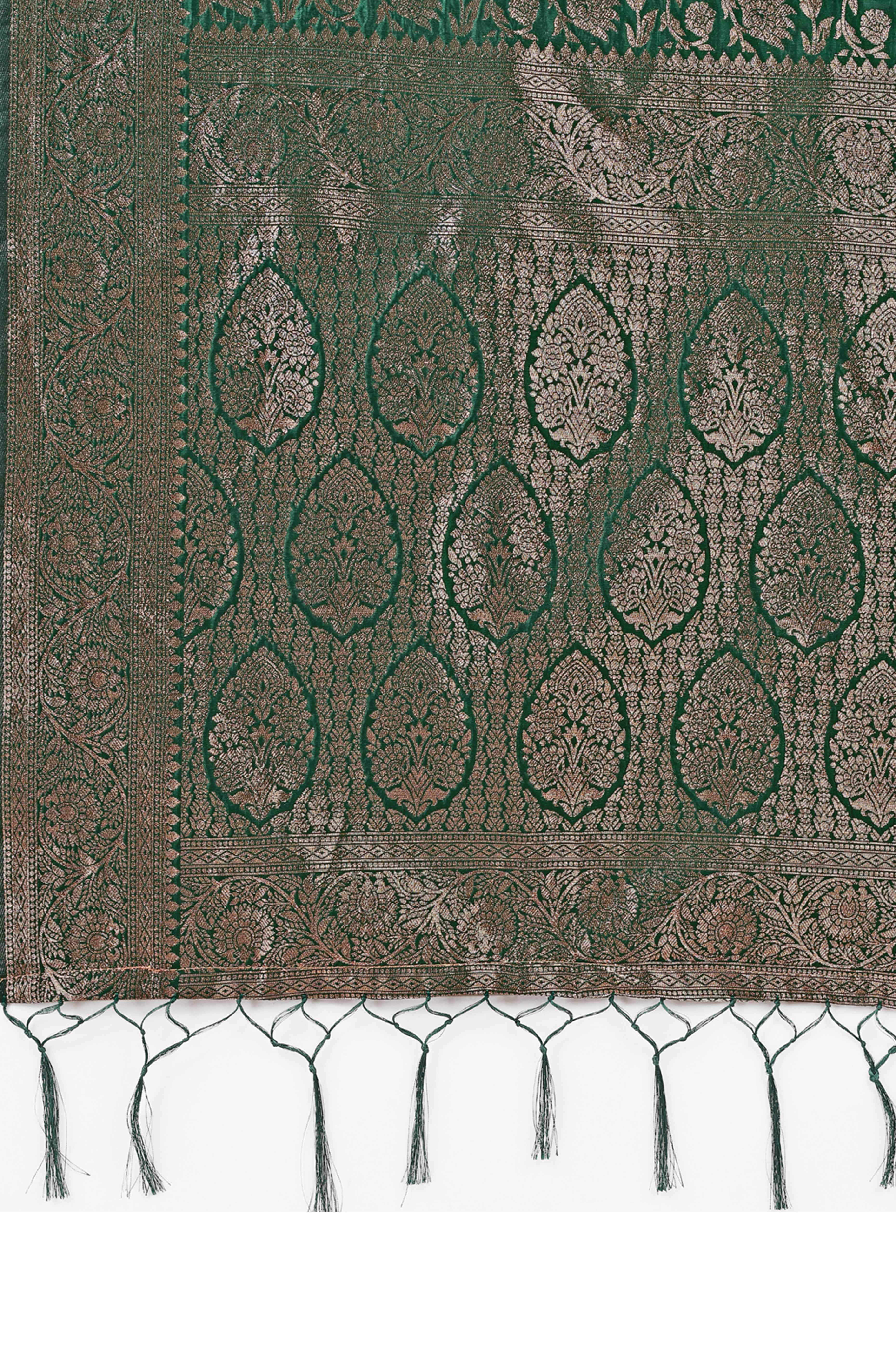 Green Saree In Lichi Silk Blend With Floral Zari Weaving & Delicate Tassel Border