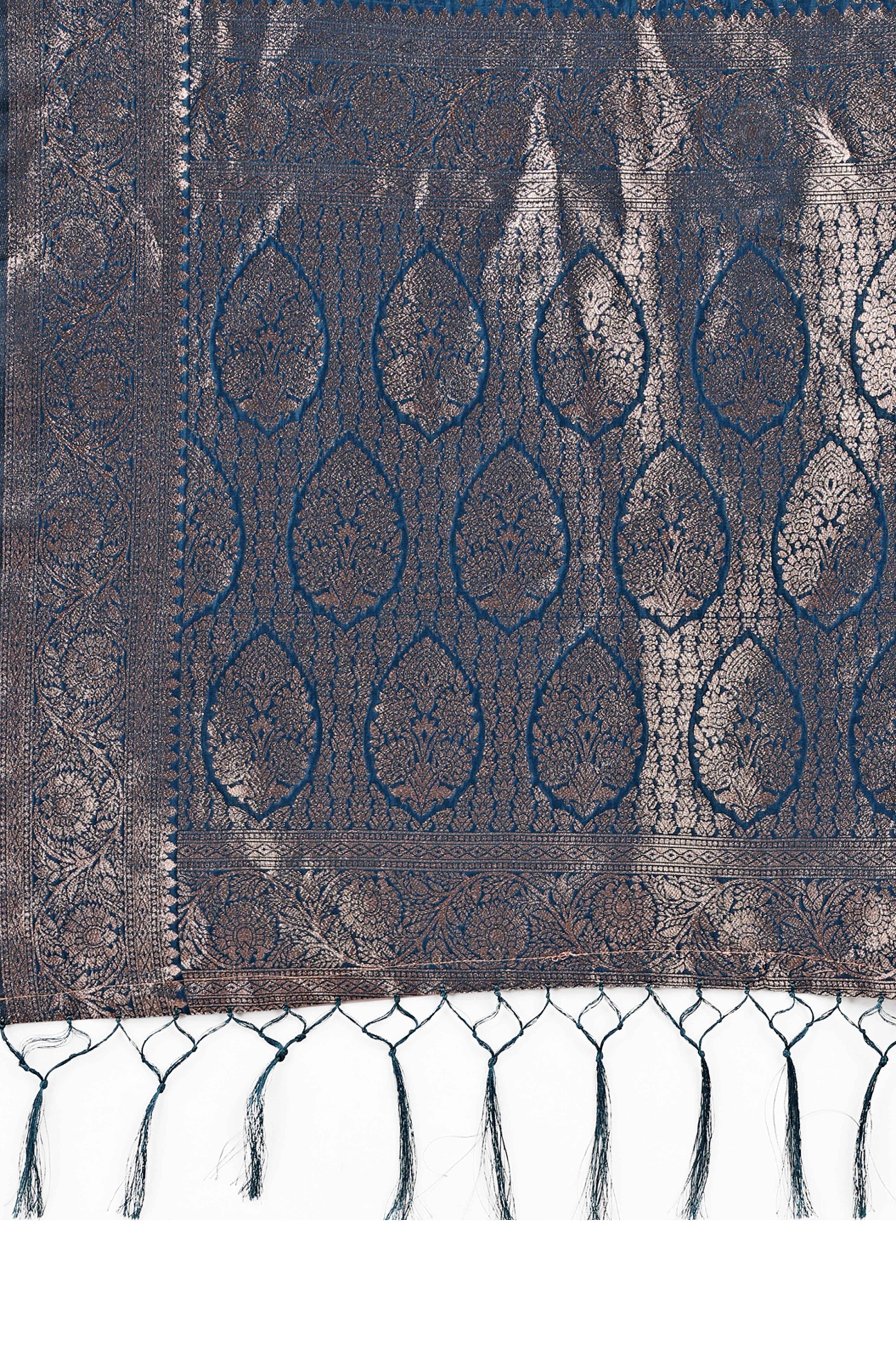 Morpich Blue Saree In Lichi Silk Blend With Floral Zari Weaving & Delicate Tassel Border