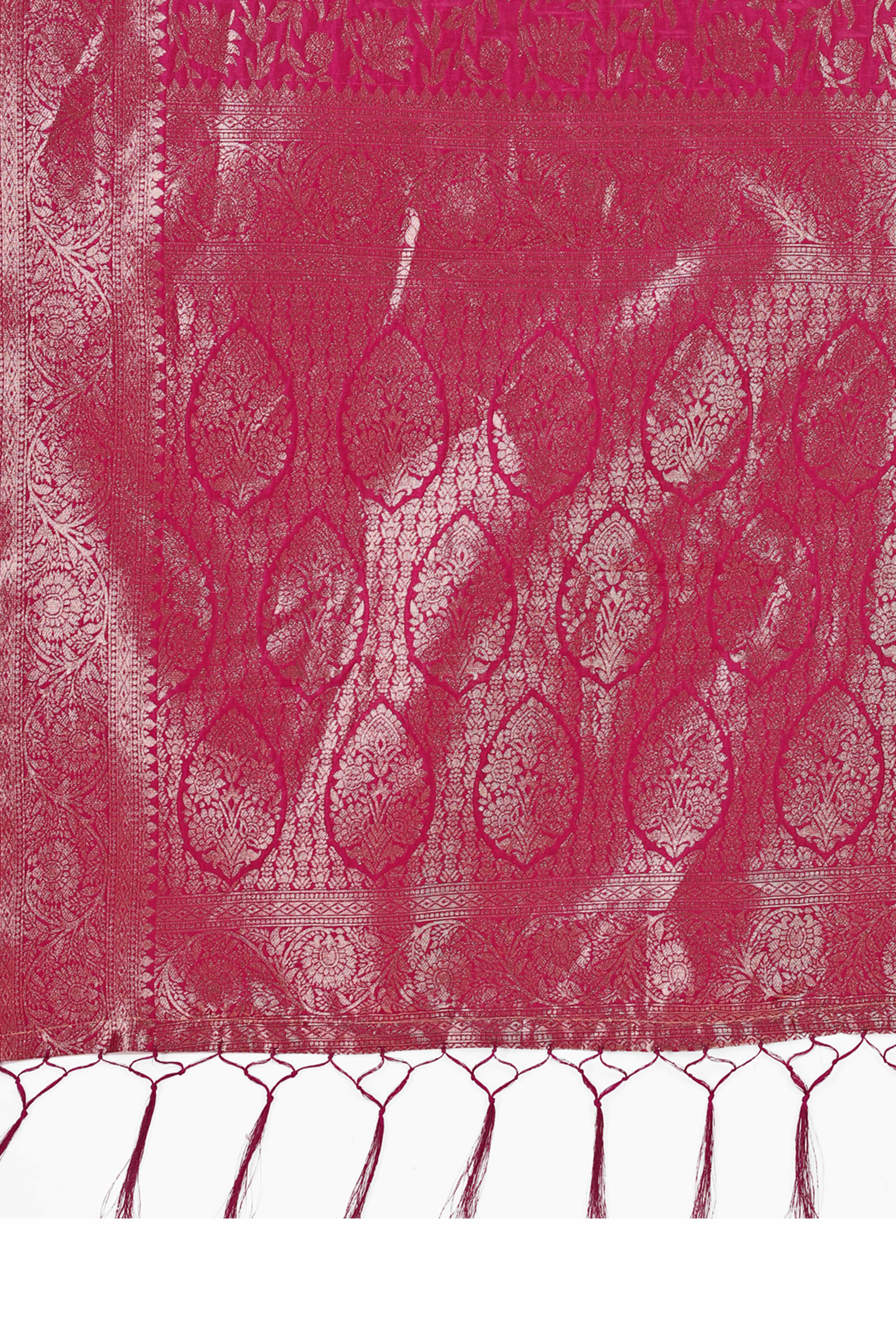 Magenta Saree In Lichi Silk Blend With Floral Zari Weaving & Delicate Tassel Border