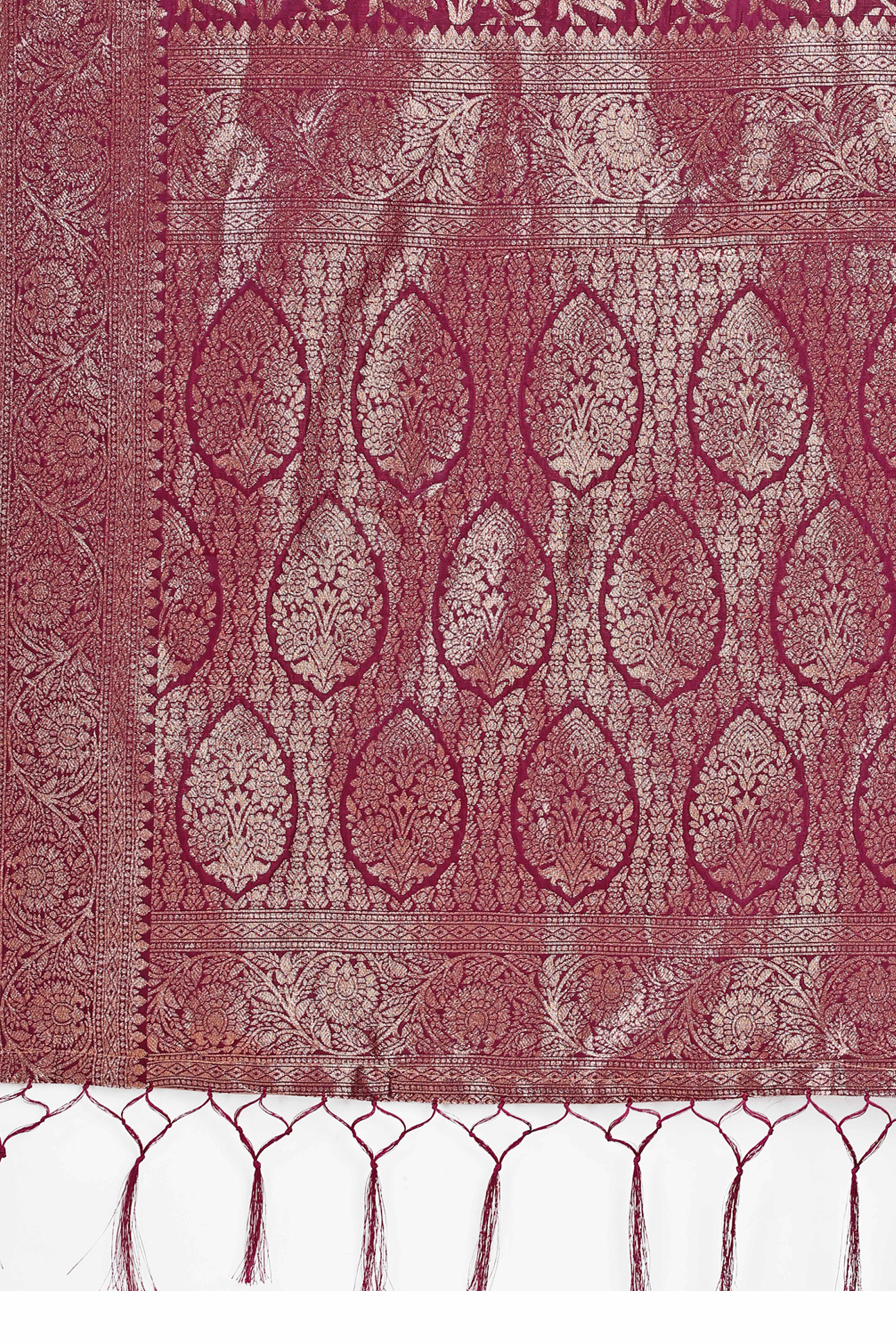 Wine Saree In Lichi Silk Blend With Floral Zari Weaving & Delicate Tassel Border
