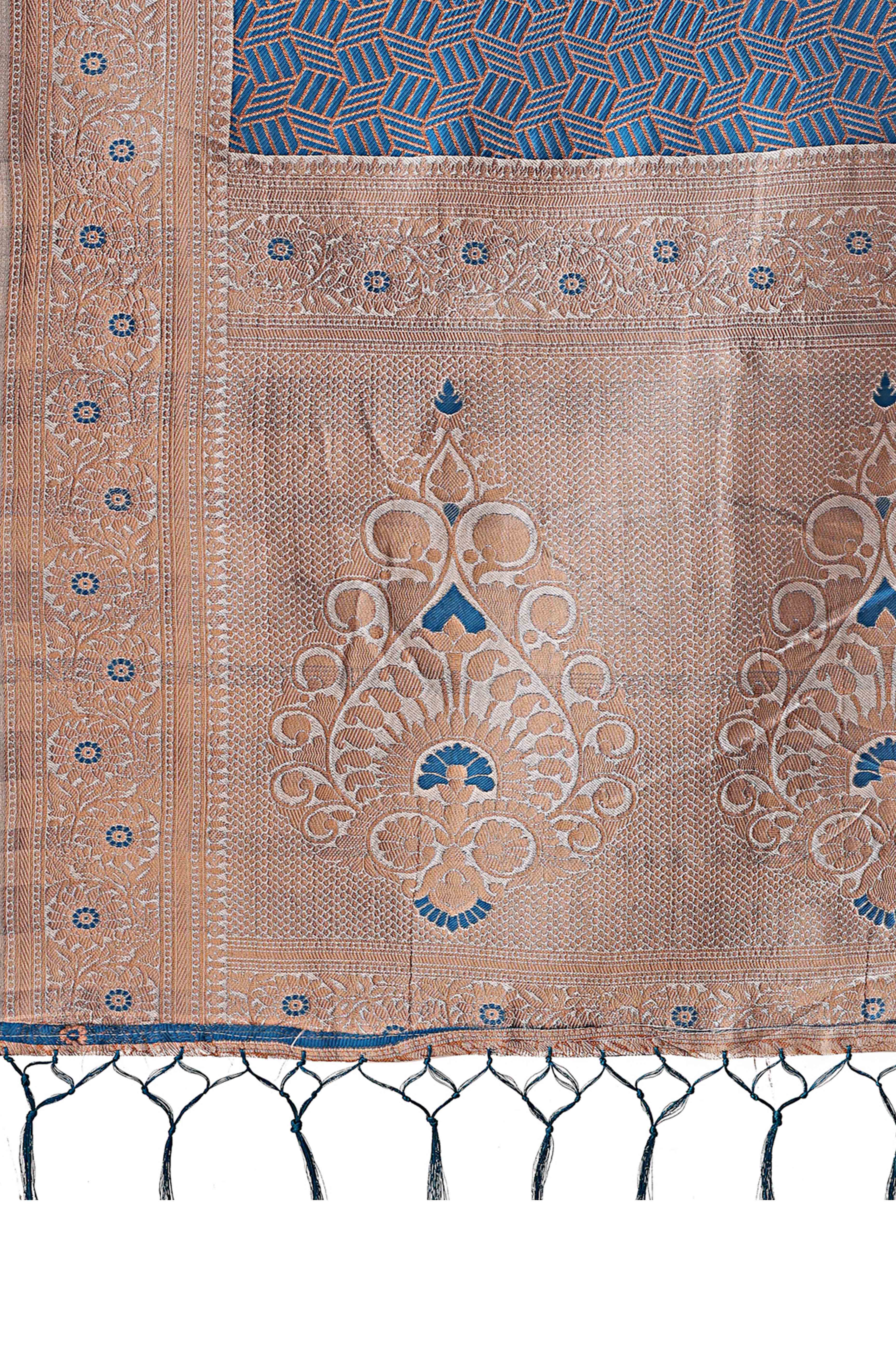 Blue Lichi Cotton Silk Saree With Intricate Zari Weaving In Floral & Geometric Patterns