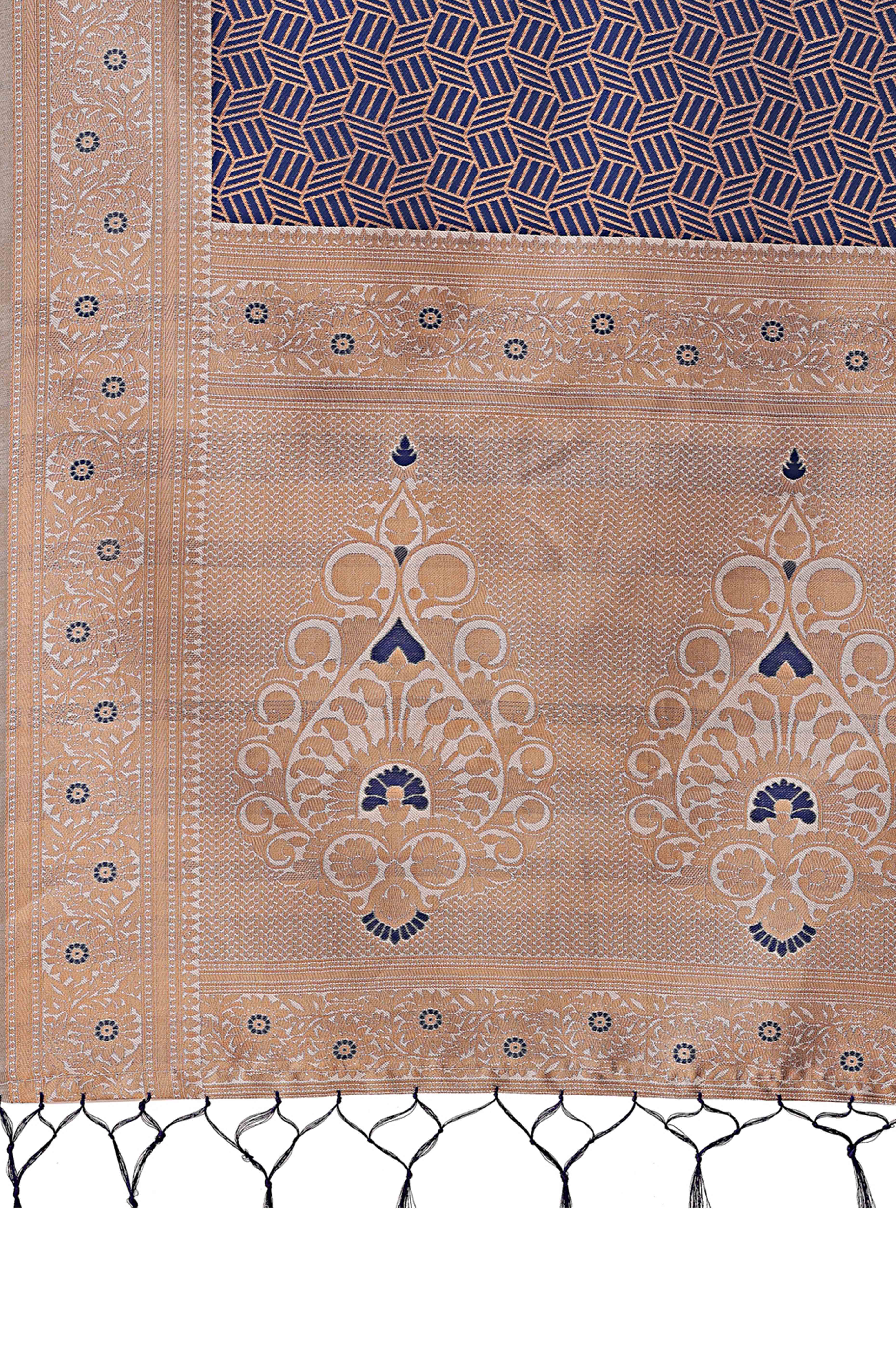 Navy Blue Lichi Cotton Silk Saree With Intricate Zari Weaving In Floral & Geometric Patterns