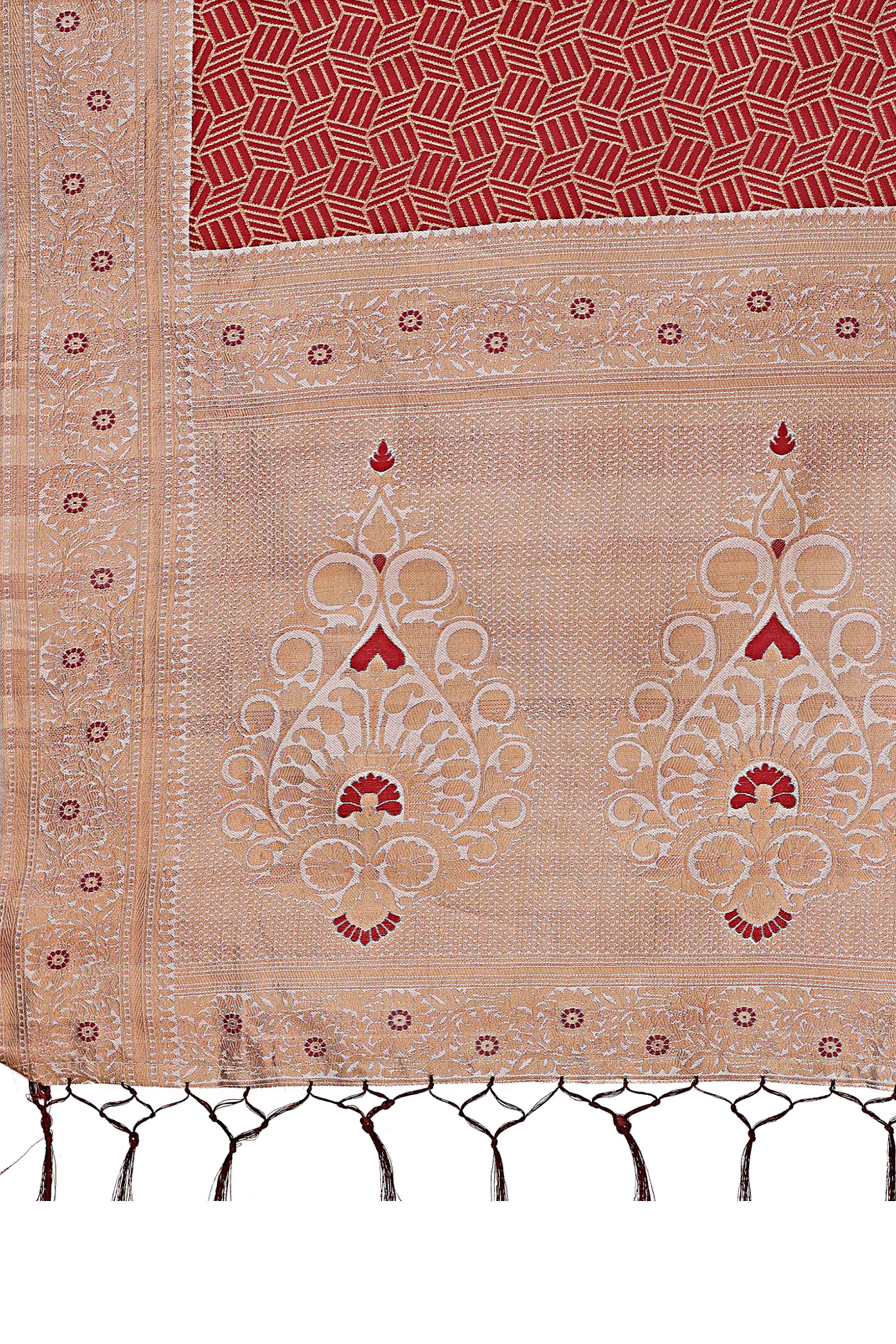 Pink Lichi Cotton Silk Saree With Intricate Zari Weaving In Floral & Geometric Patterns