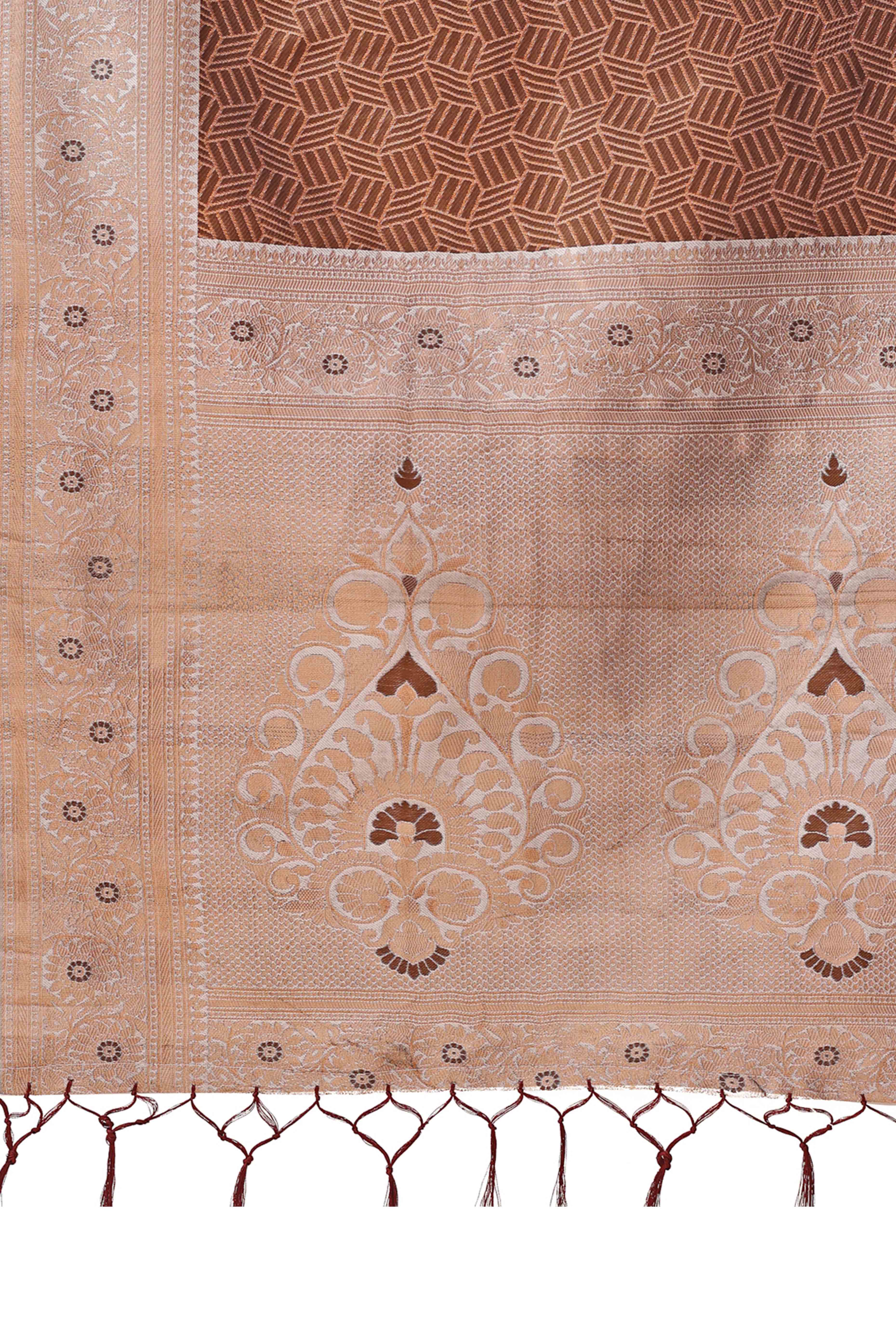 Brown Lichi Cotton Silk Saree With Intricate Zari Weaving In Floral & Geometric Patterns