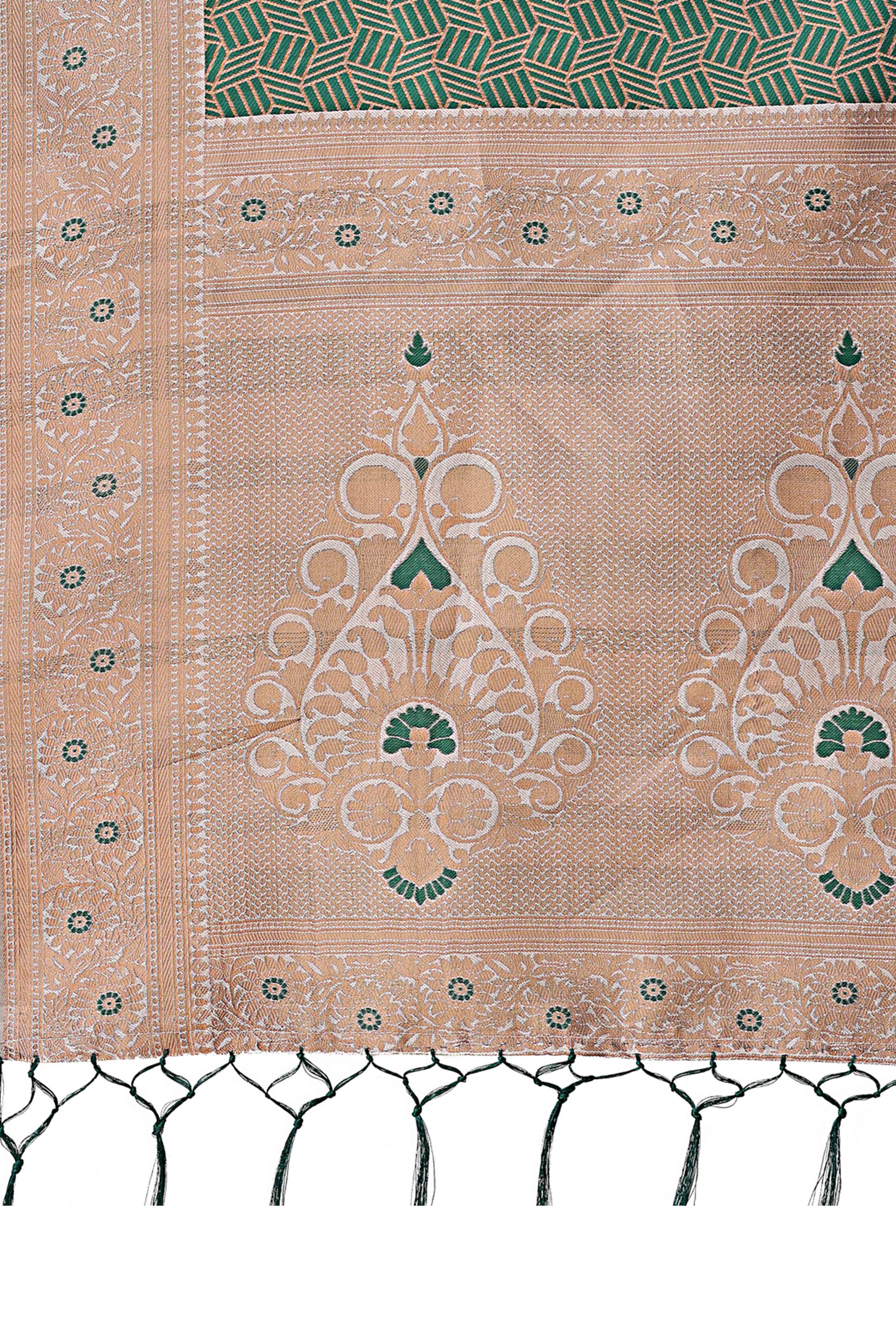 Green Lichi Cotton Silk Saree With Intricate Zari Weaving In Floral & Geometric Patterns