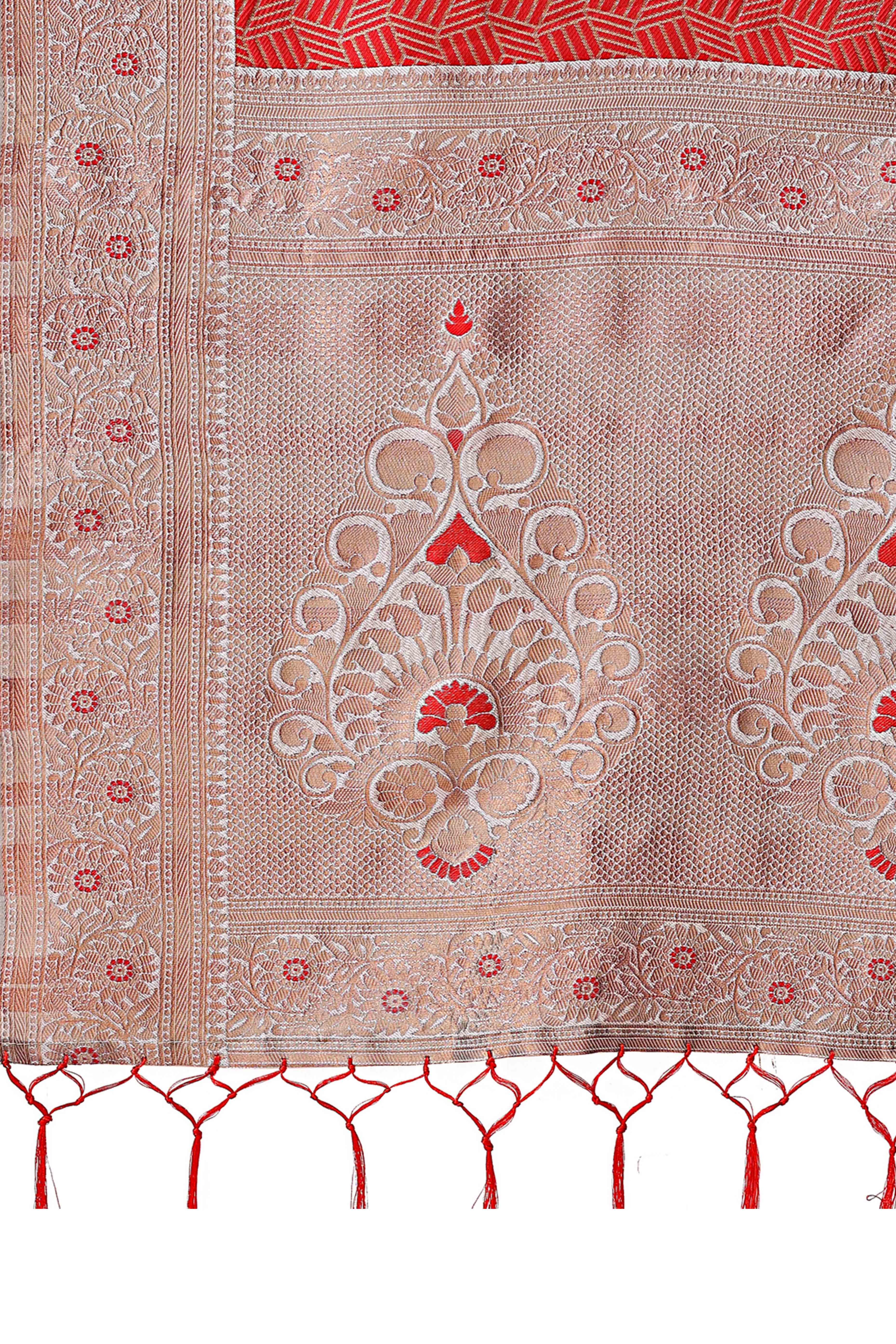 Red Lichi Cotton Silk Saree With Intricate Zari Weaving In Floral & Geometric Patterns