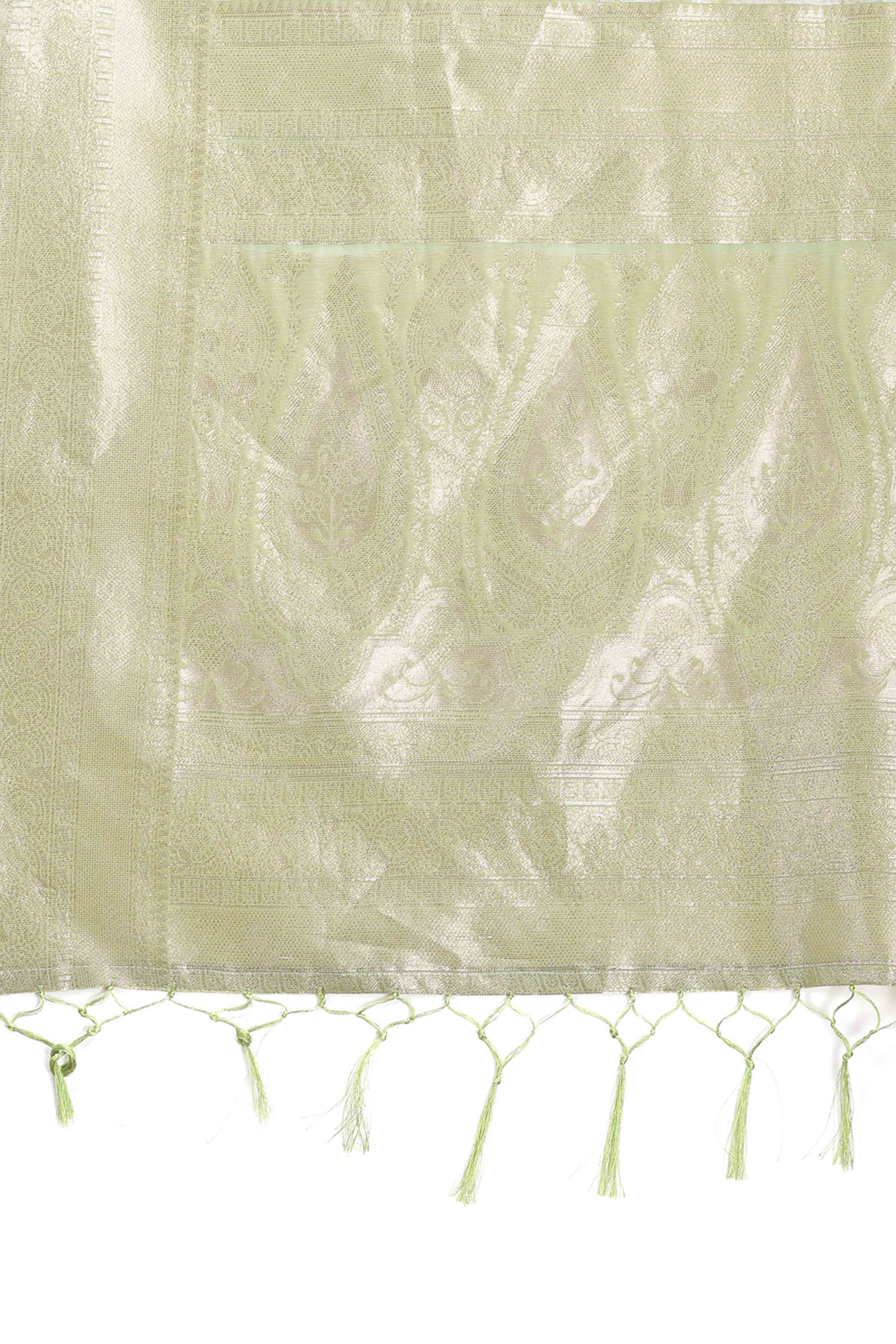 Stunning Light Green Geometric Style Zari Weaving Cotton Blend Saree Adorned with Exquisite Tassels