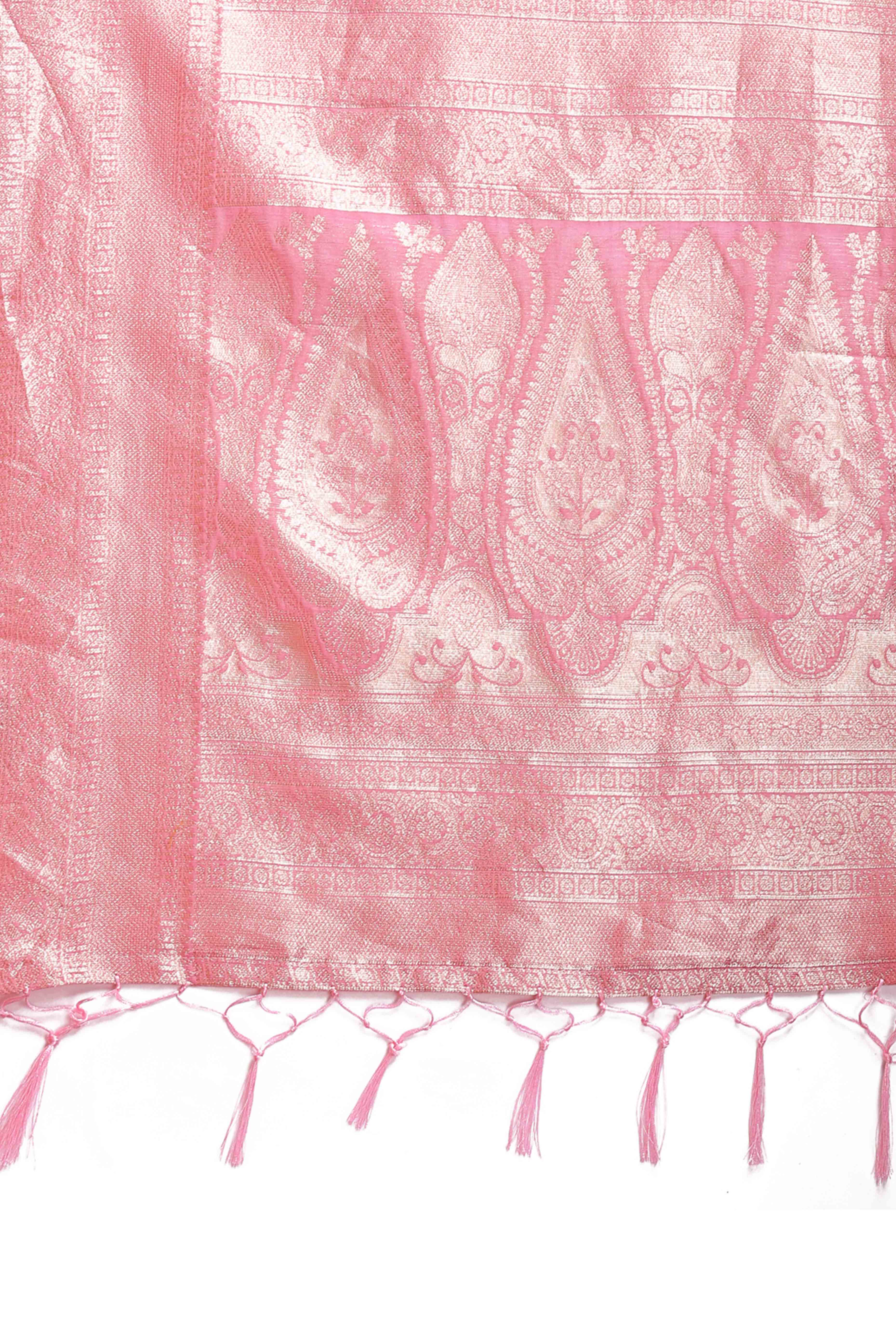 Charming Pink Geometric Style Zari Weaving Cotton Blend Saree Decorated with Graceful Tassels