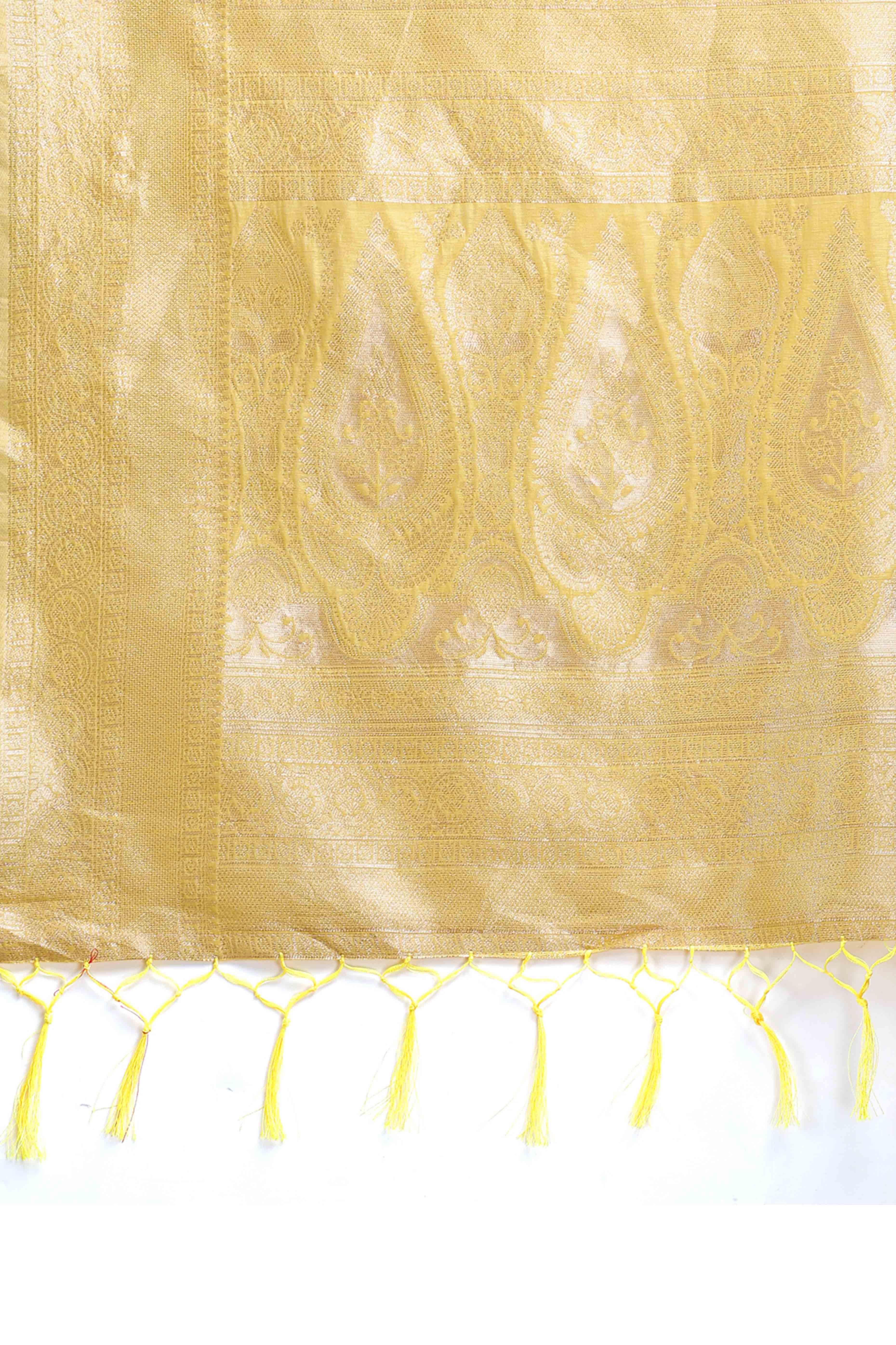 Radiant Yellow Geometric Style Zari Weaving Cotton Blend Saree Accented with Vibrant Tassels