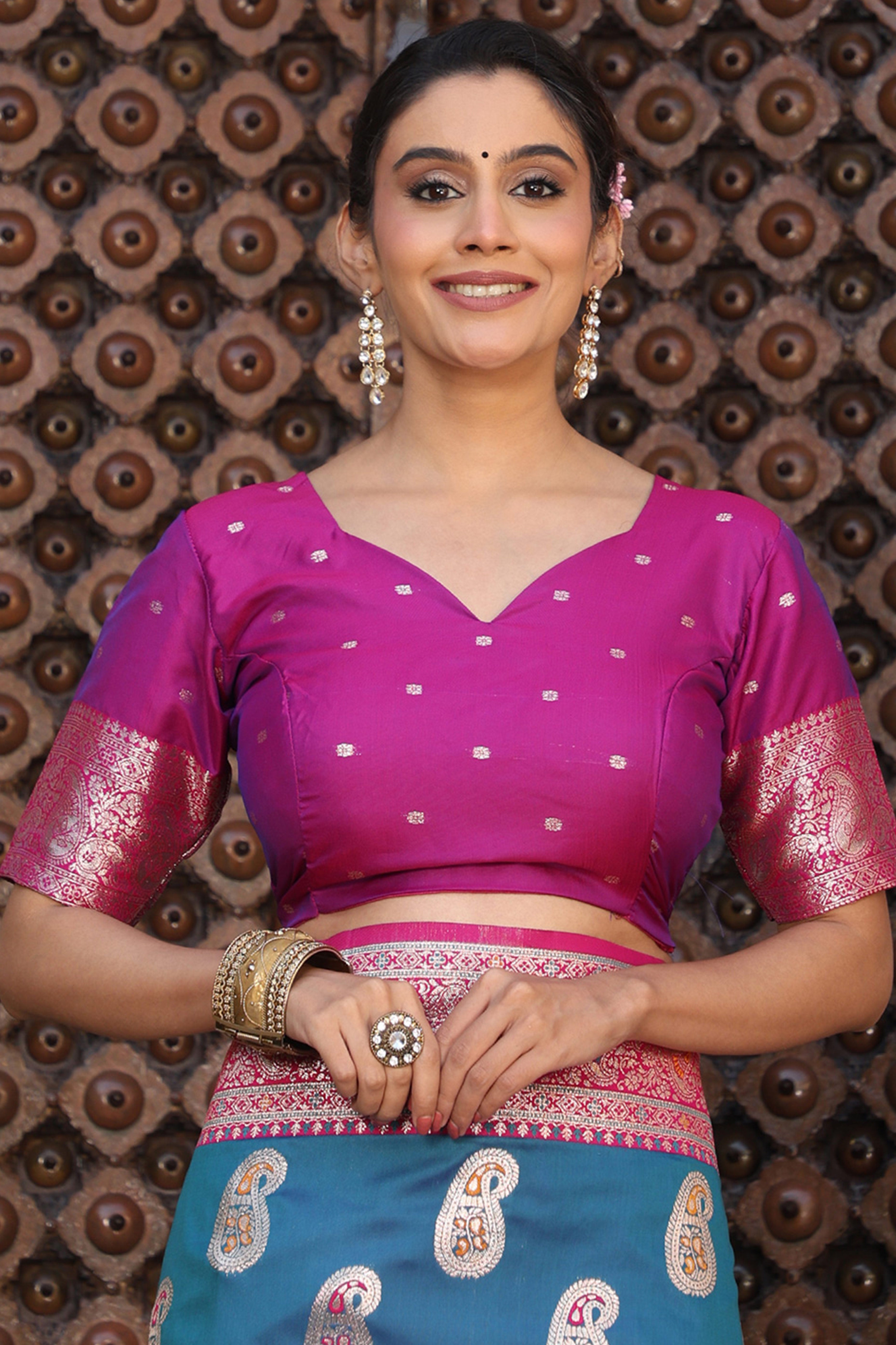 Designer Teal Silk Blend Saree with Timeless Paisley Pattern in Zari Weaving