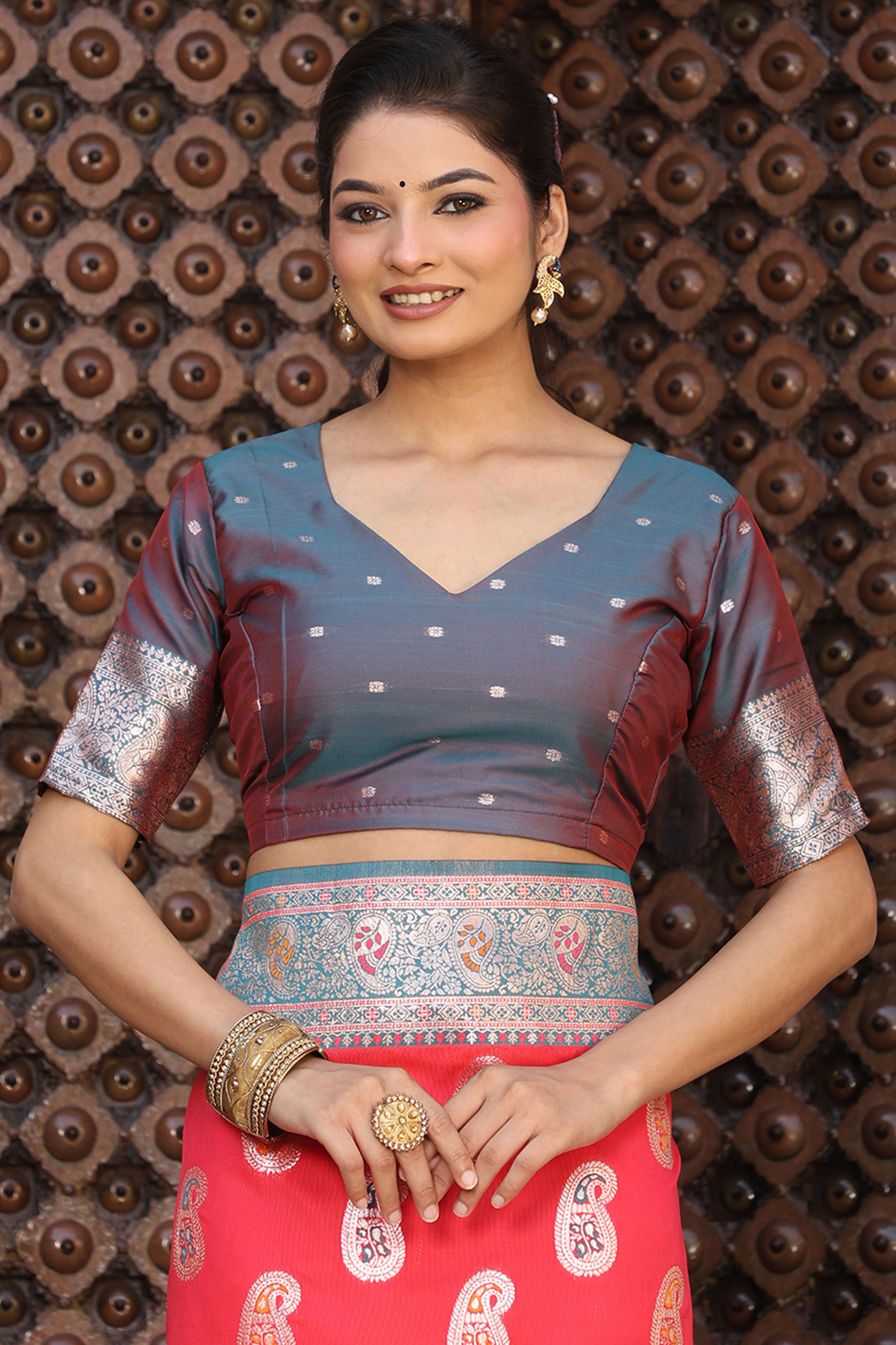 Designer Red Silk Blend Saree with Timeless Paisley Pattern in Zari Weaving