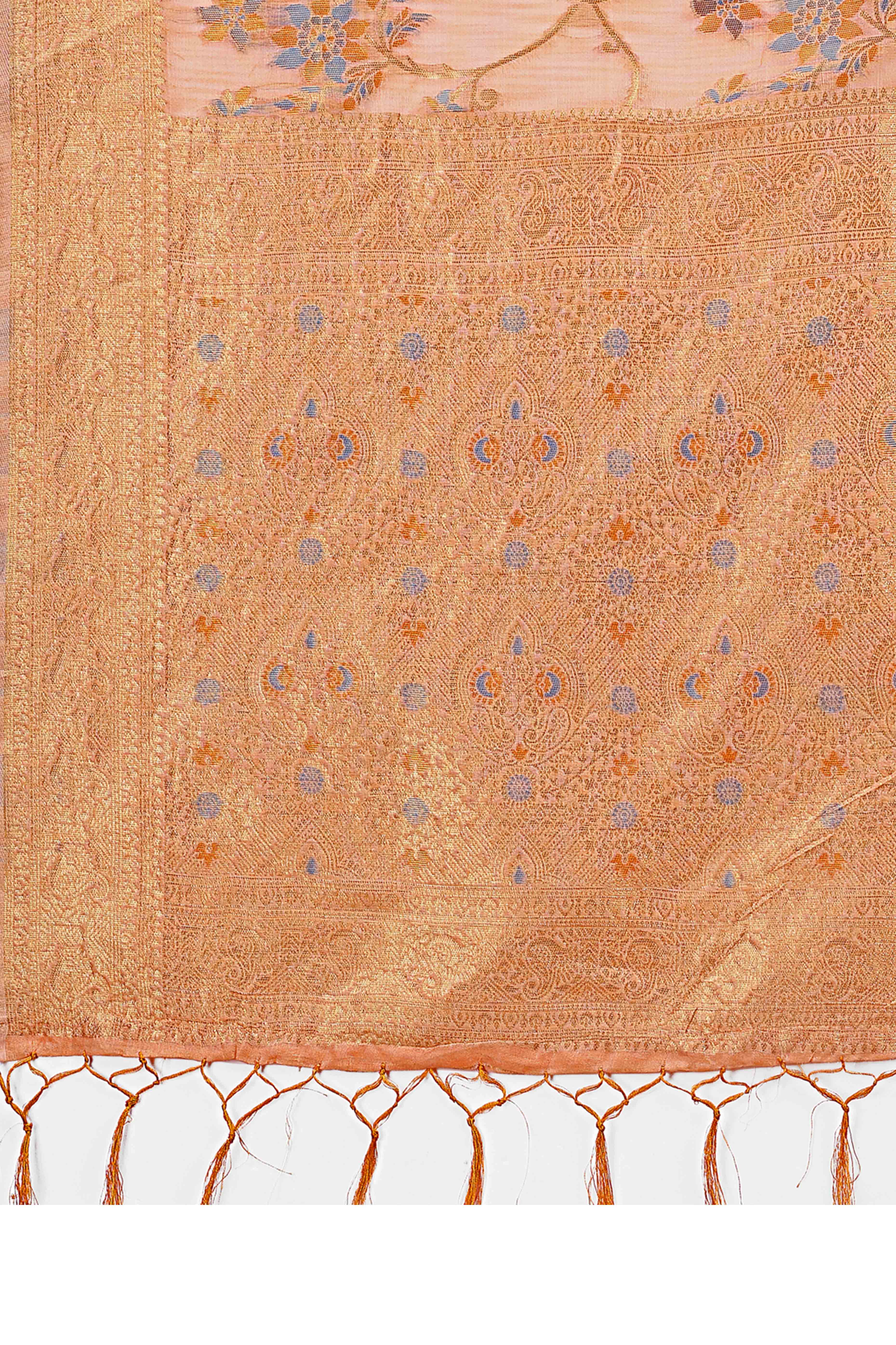 Orange Linen Cotton Saree With Intricate Floral Zari Weaving & Tassel Edge