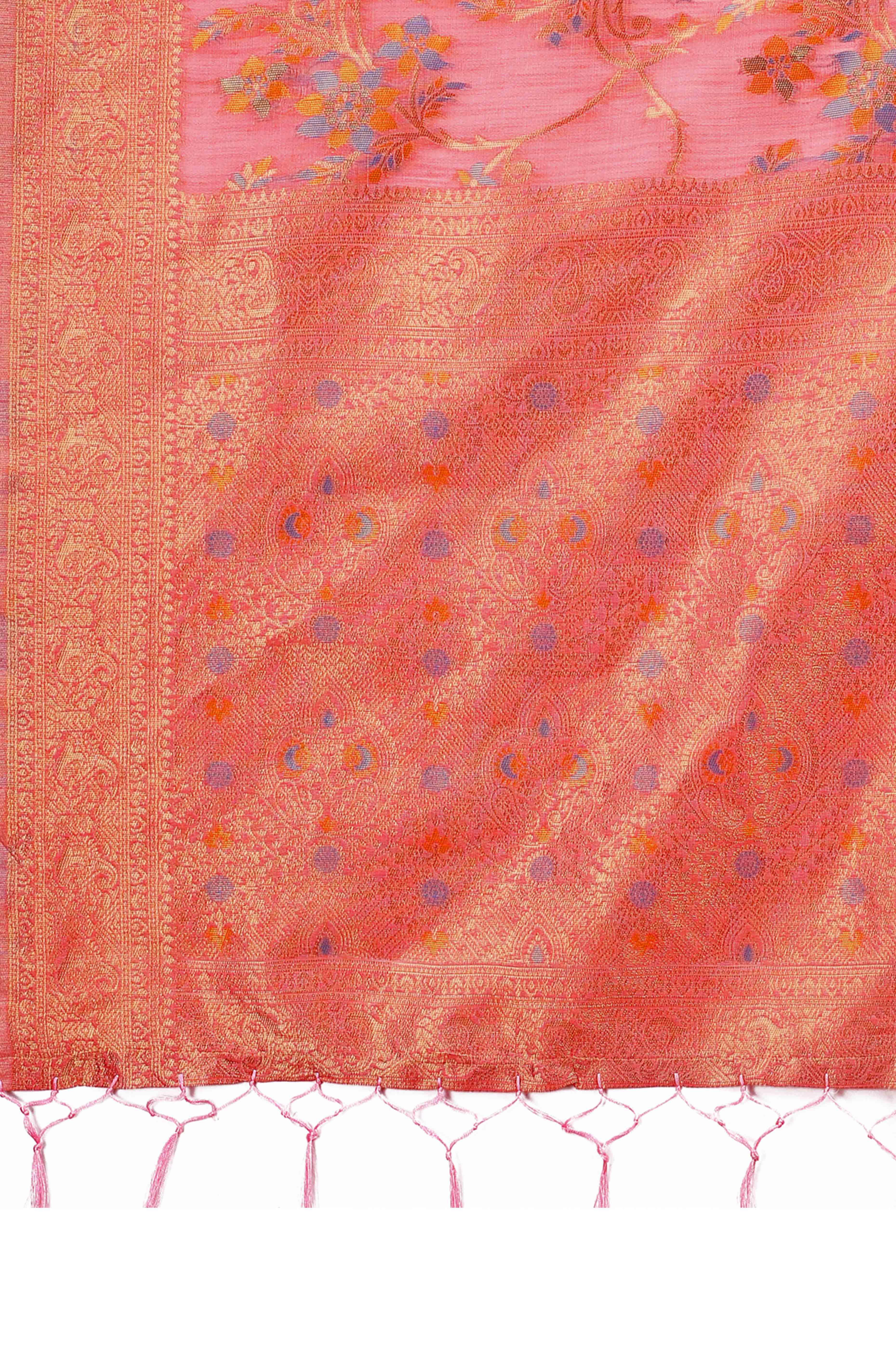 Gajari Pink Linen Cotton Saree With Intricate Floral Zari Weaving & Tassel Edge