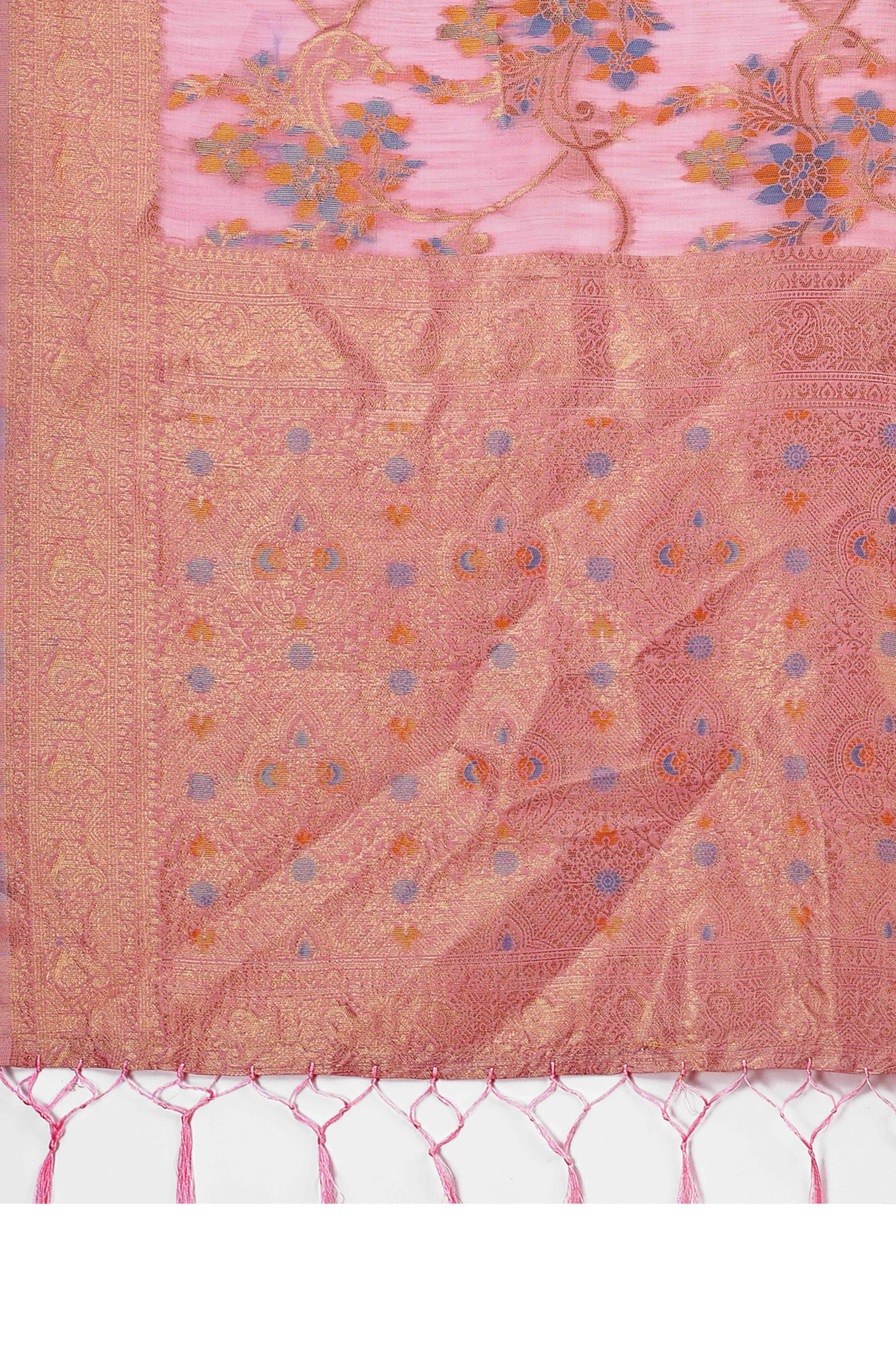 Light Pink Linen Cotton Saree With Intricate Floral Zari Weaving & Tassel Edge