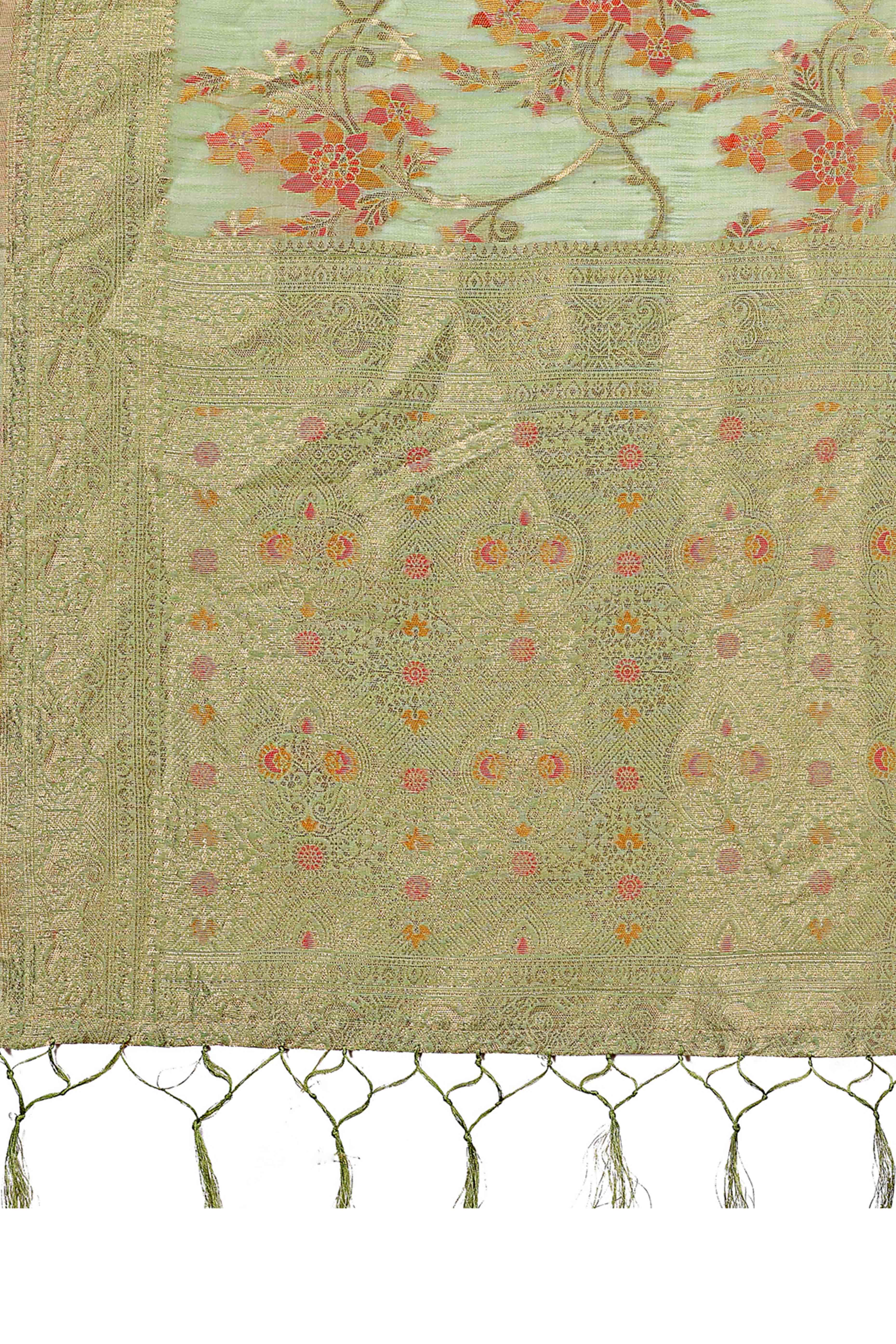 Green Linen Cotton Saree With Intricate Floral Zari Weaving & Tassel Edge