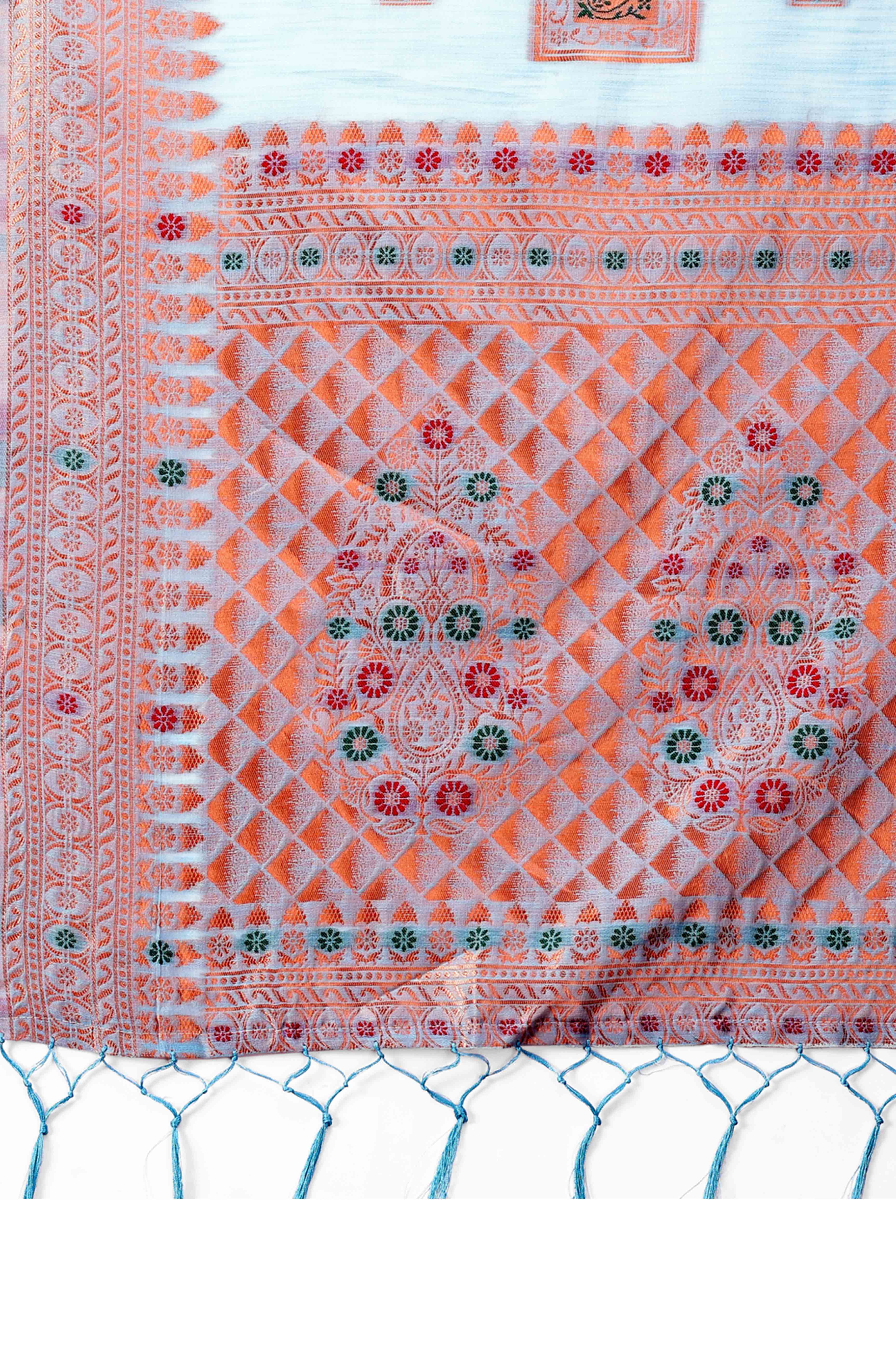 Elegant Floral Zari Weaving Embellished Sky Blue Saree In Linen Cotton with Tassel Accents