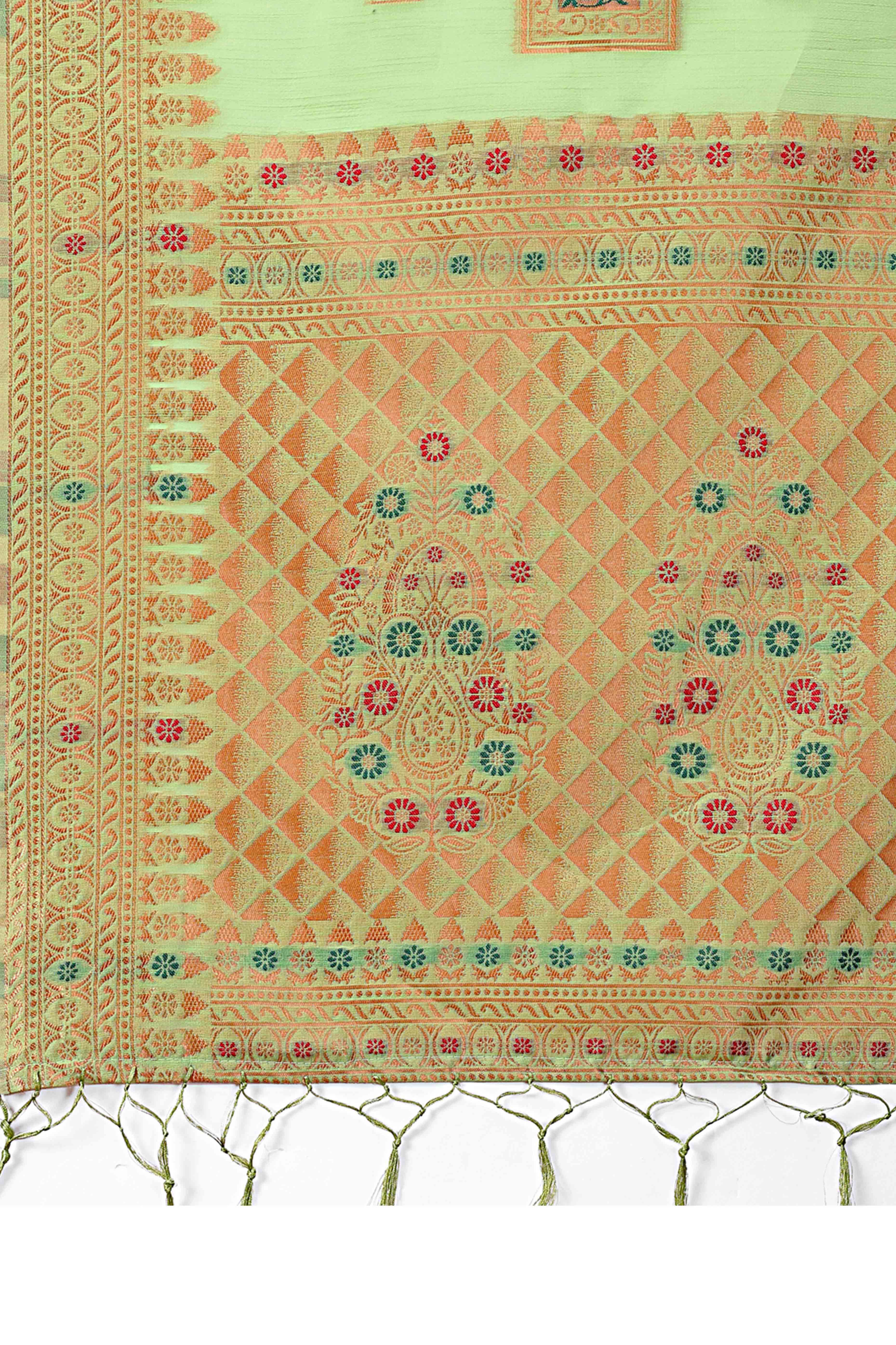 Sophisticated Floral Zari Weaving Embellished Green Saree In Linen Cotton with Tassel Accents
