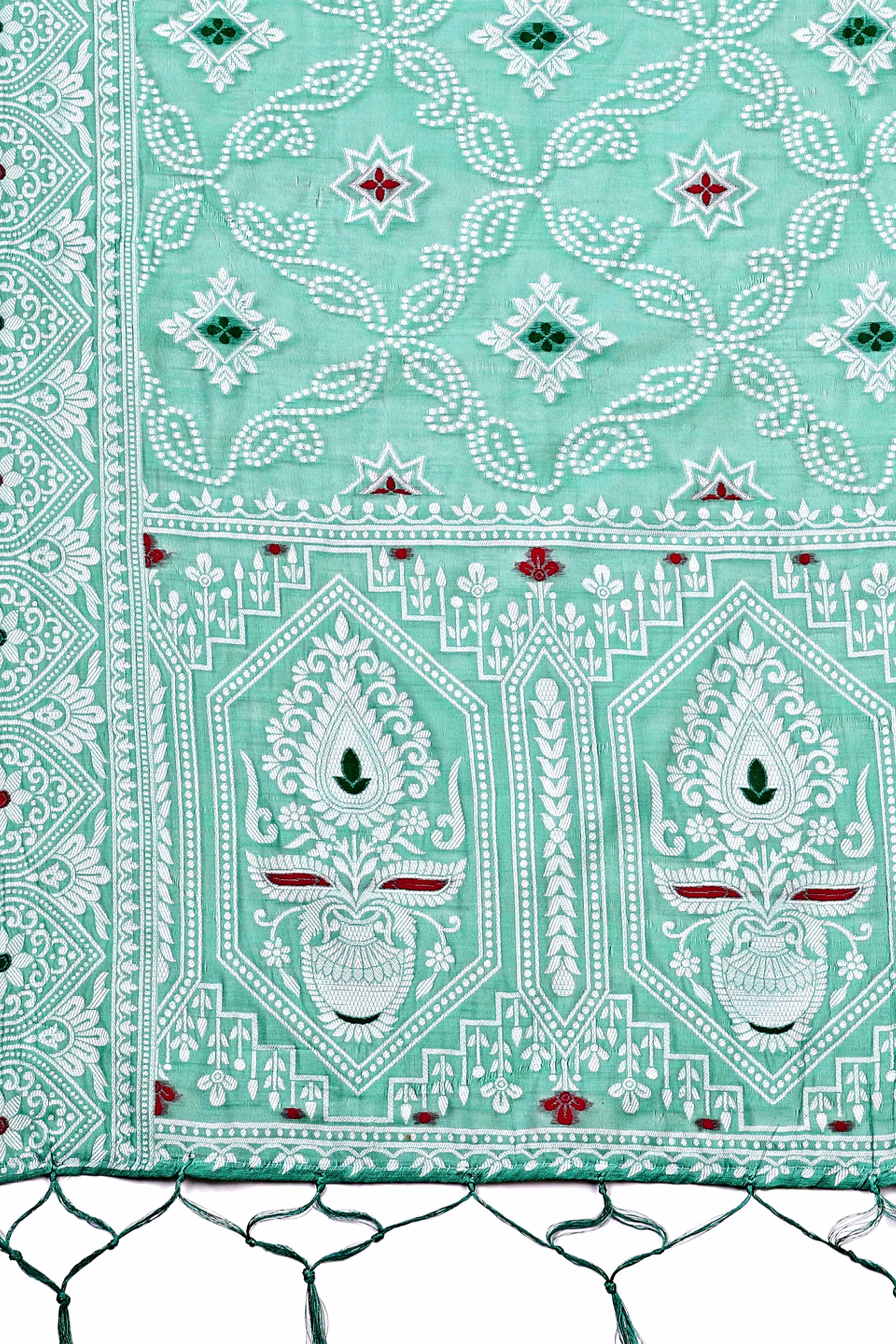 Traditional Bandhani Inspired Woven Sea Green Saree in Breathable Linen Cotton