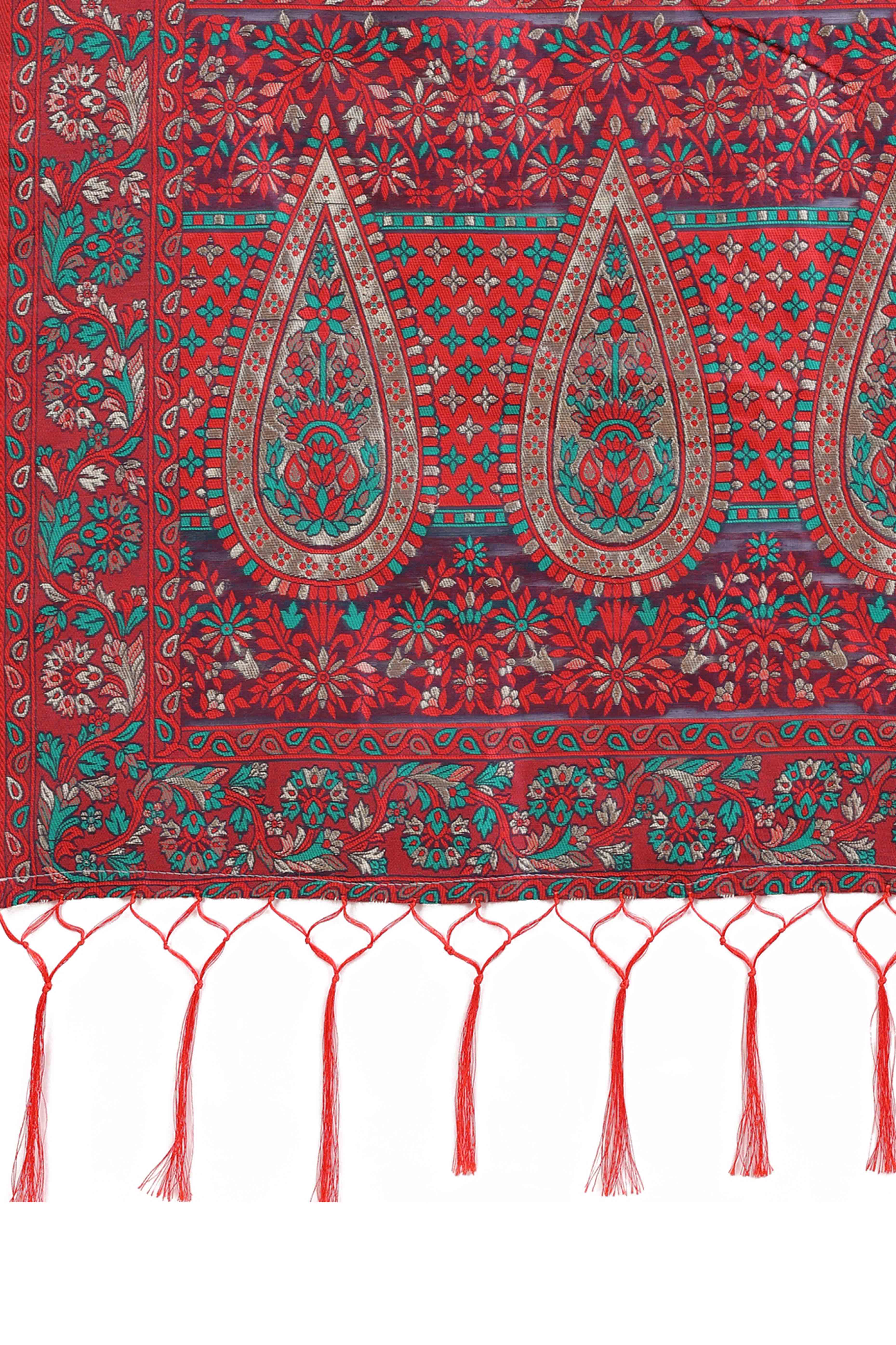 Red & Black Floral Woven Cotton Blend Saree With A Breezy Tassel Finish