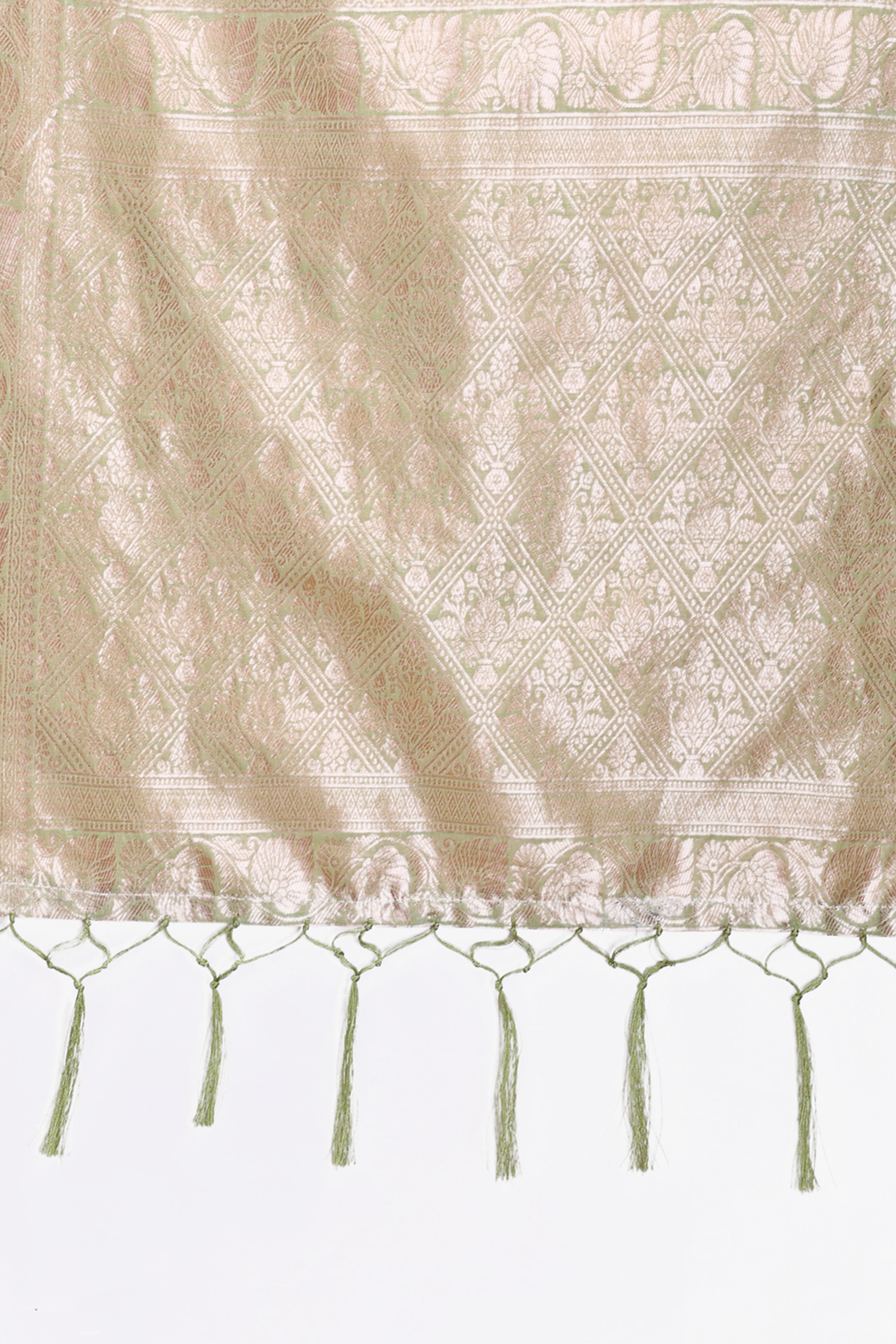 Light Green Linen Cotton Saree with Lustrous Zari Borders and Elegant Tassel Accents