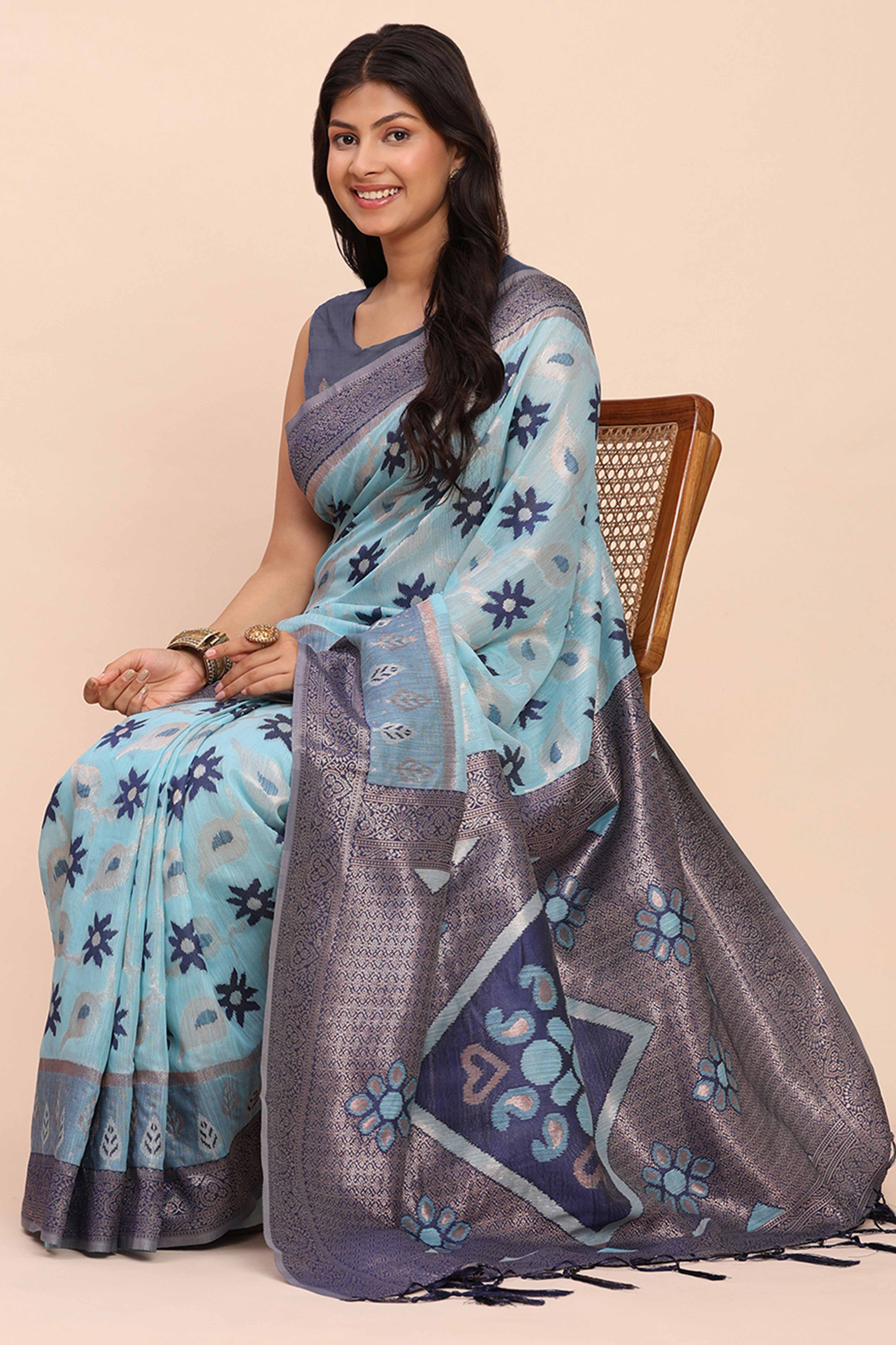 Sky Blue Patola Inspired Linen Cotton Saree Adorned With Zari Weaving & Graceful Tassel Pallu