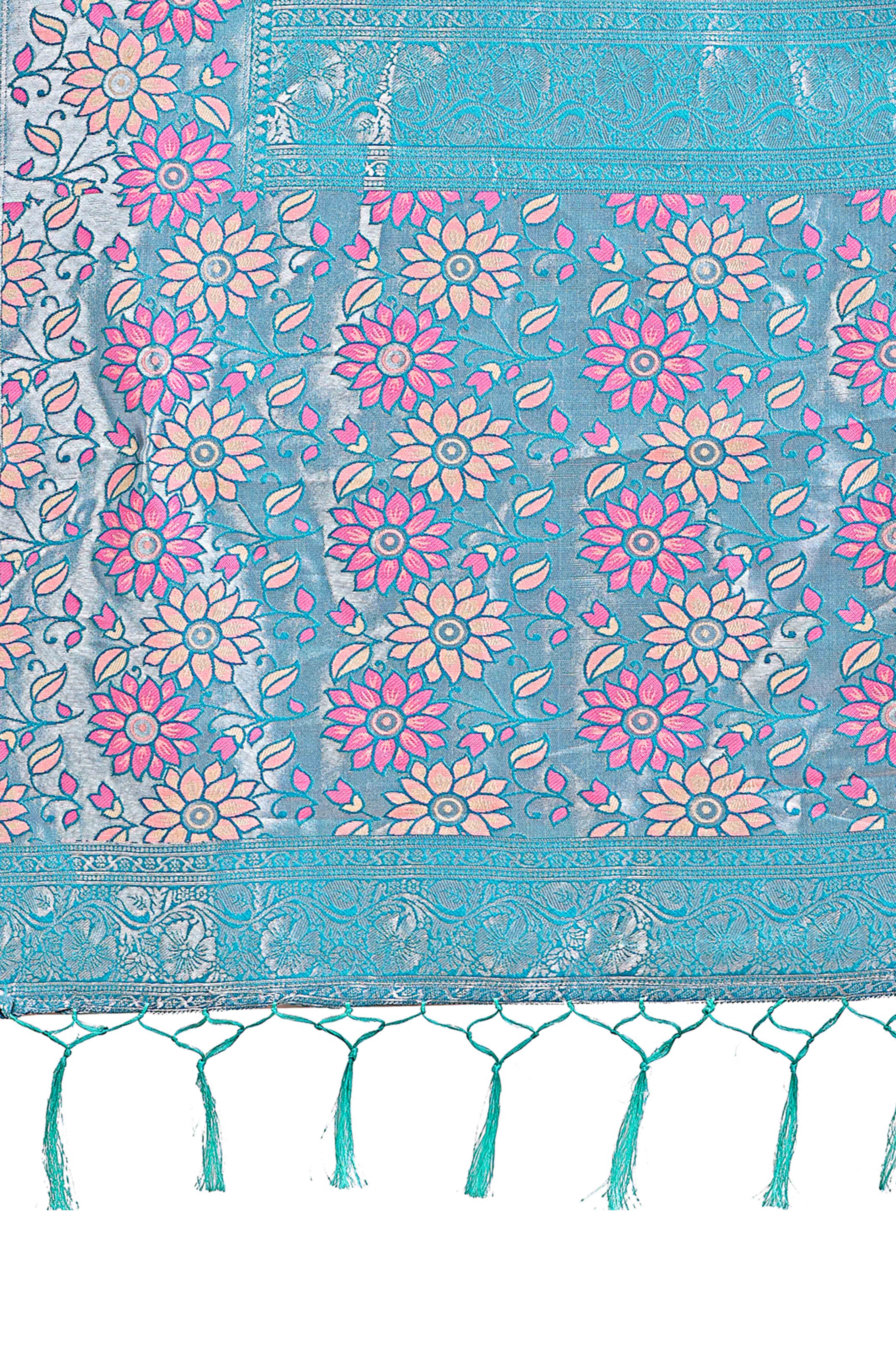 Pink Lichi Silk Blend Saree With Exquisite Floral Weaving & Graceful Tassel Details