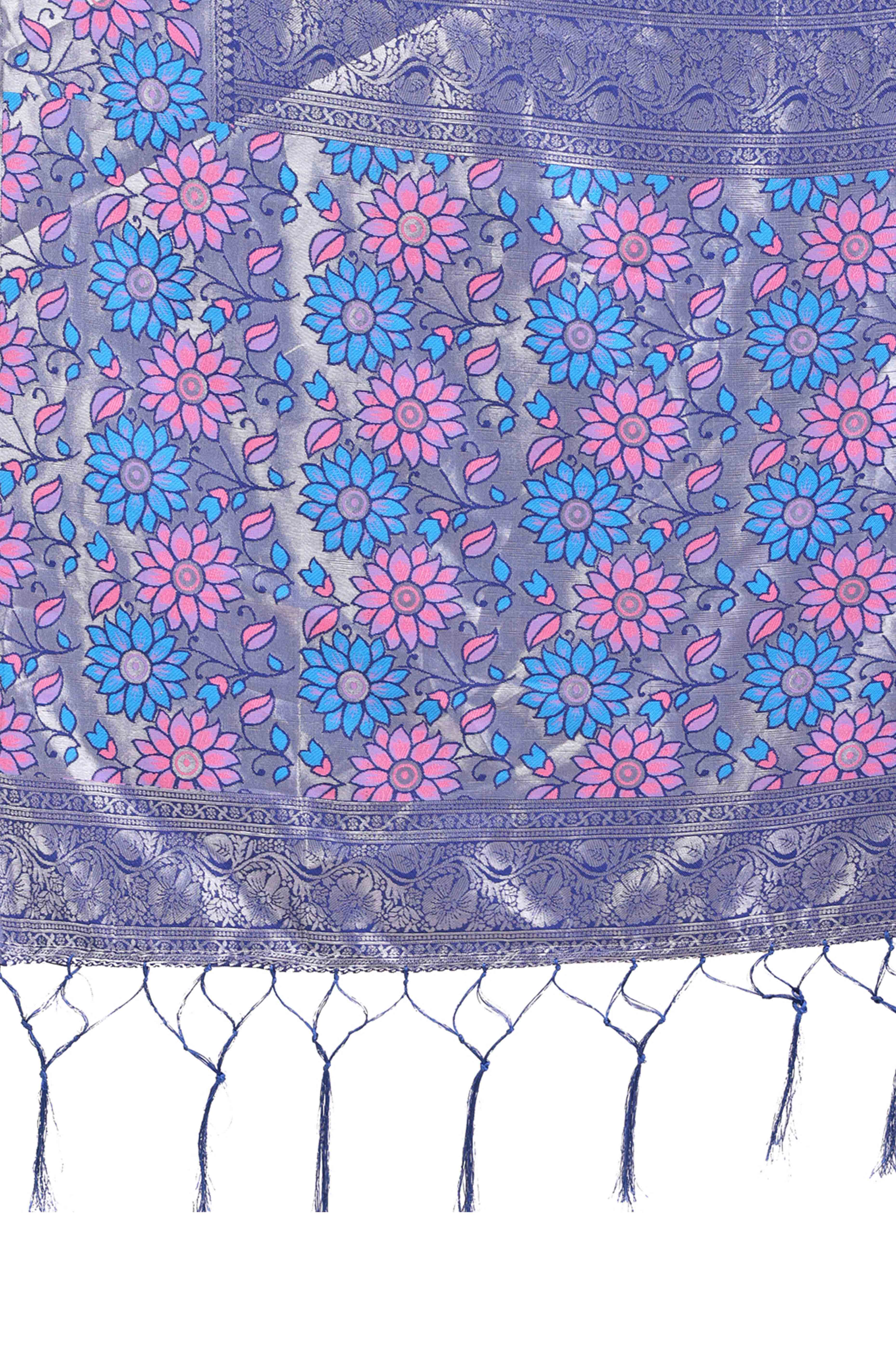 Blue Lichi Silk Blend Saree With Exquisite Floral Weaving & Graceful Tassel Details