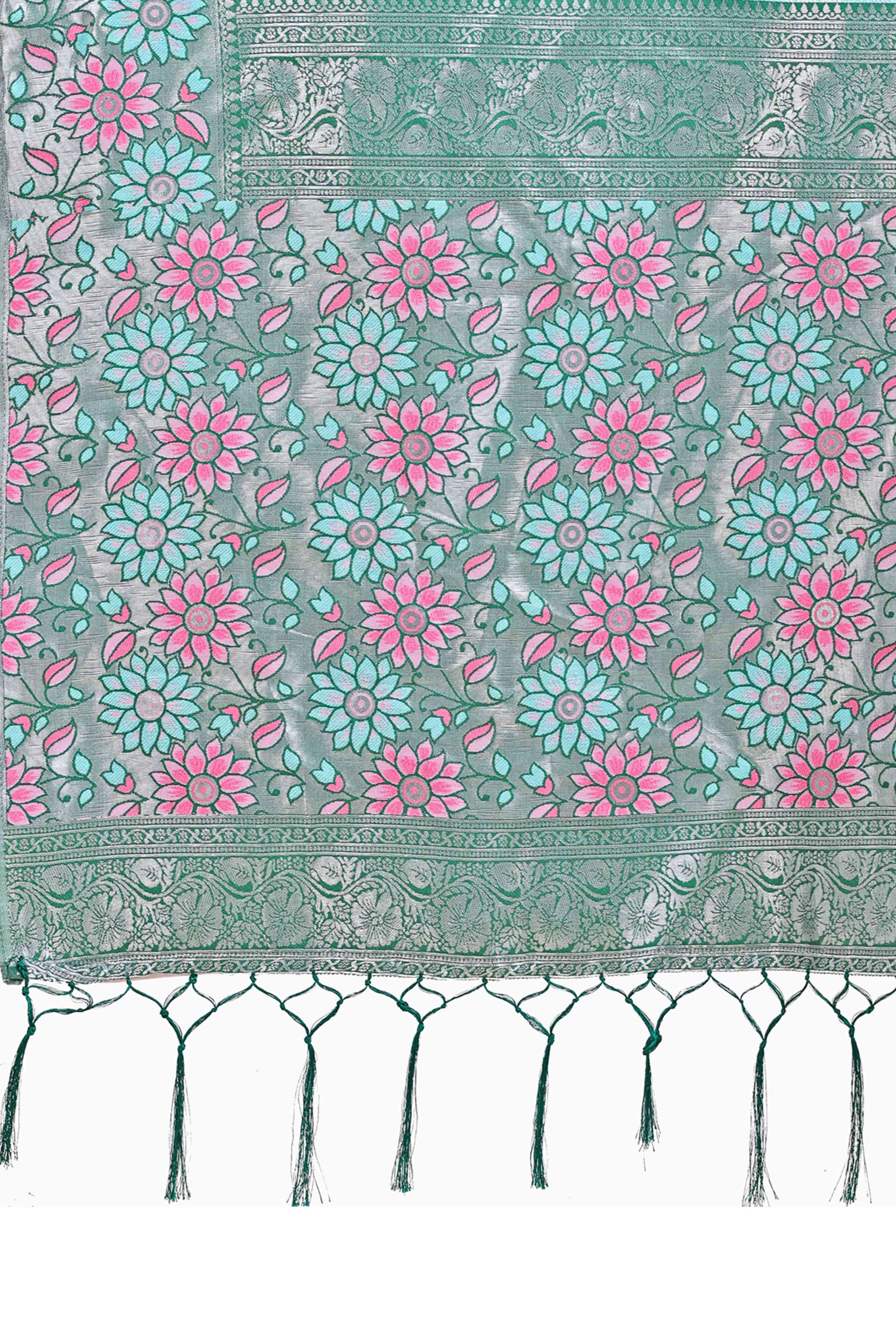 Light Blue Lichi Silk Blend Saree With Exquisite Floral Weaving & Graceful Tassel Details