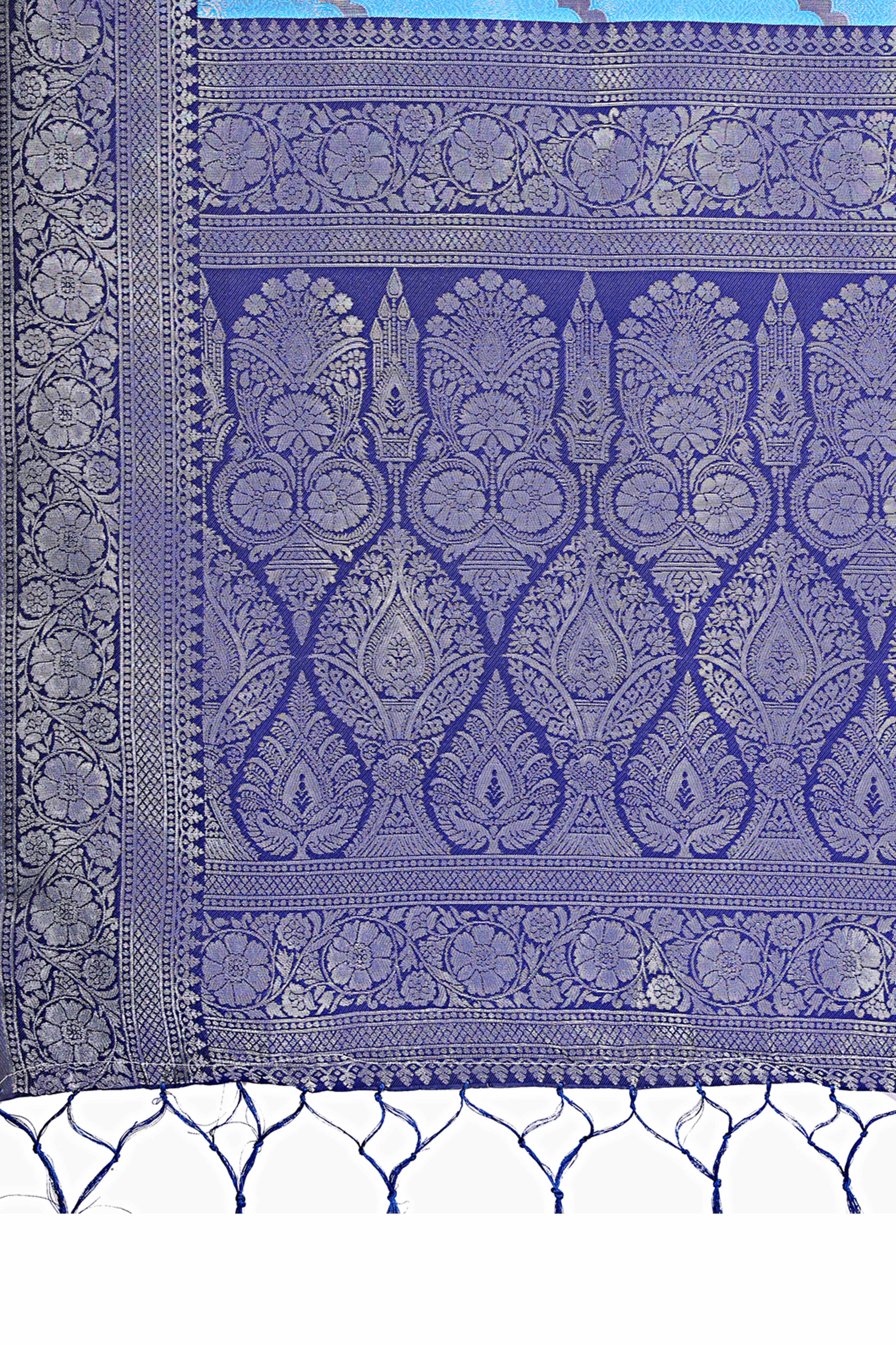 Blue Lichi Cotton Silk Saree Adorned With Floral Zari Weave & Tassels