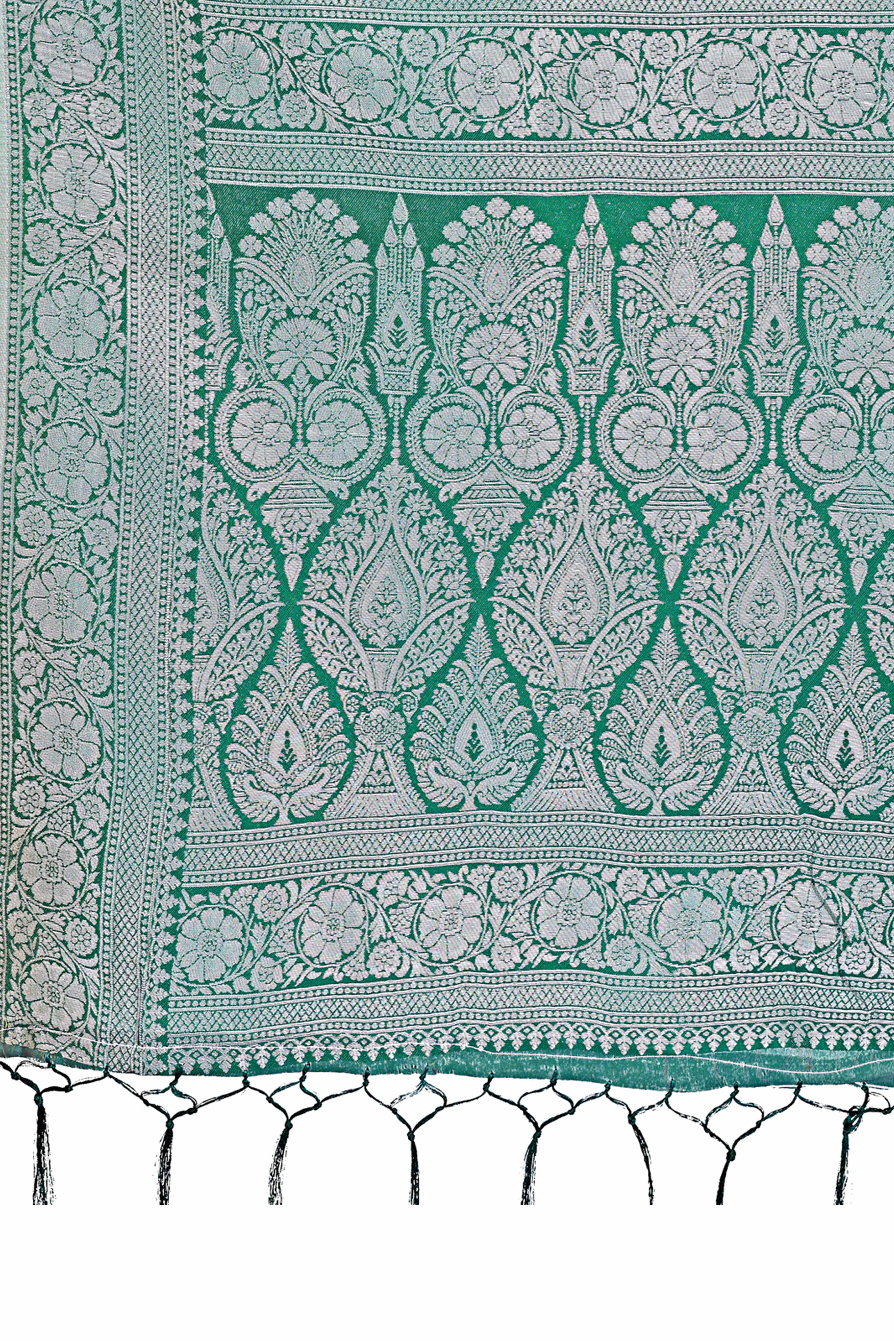 Light Green Lichi Cotton Silk Saree Adorned With Floral Zari Weave & Tassels