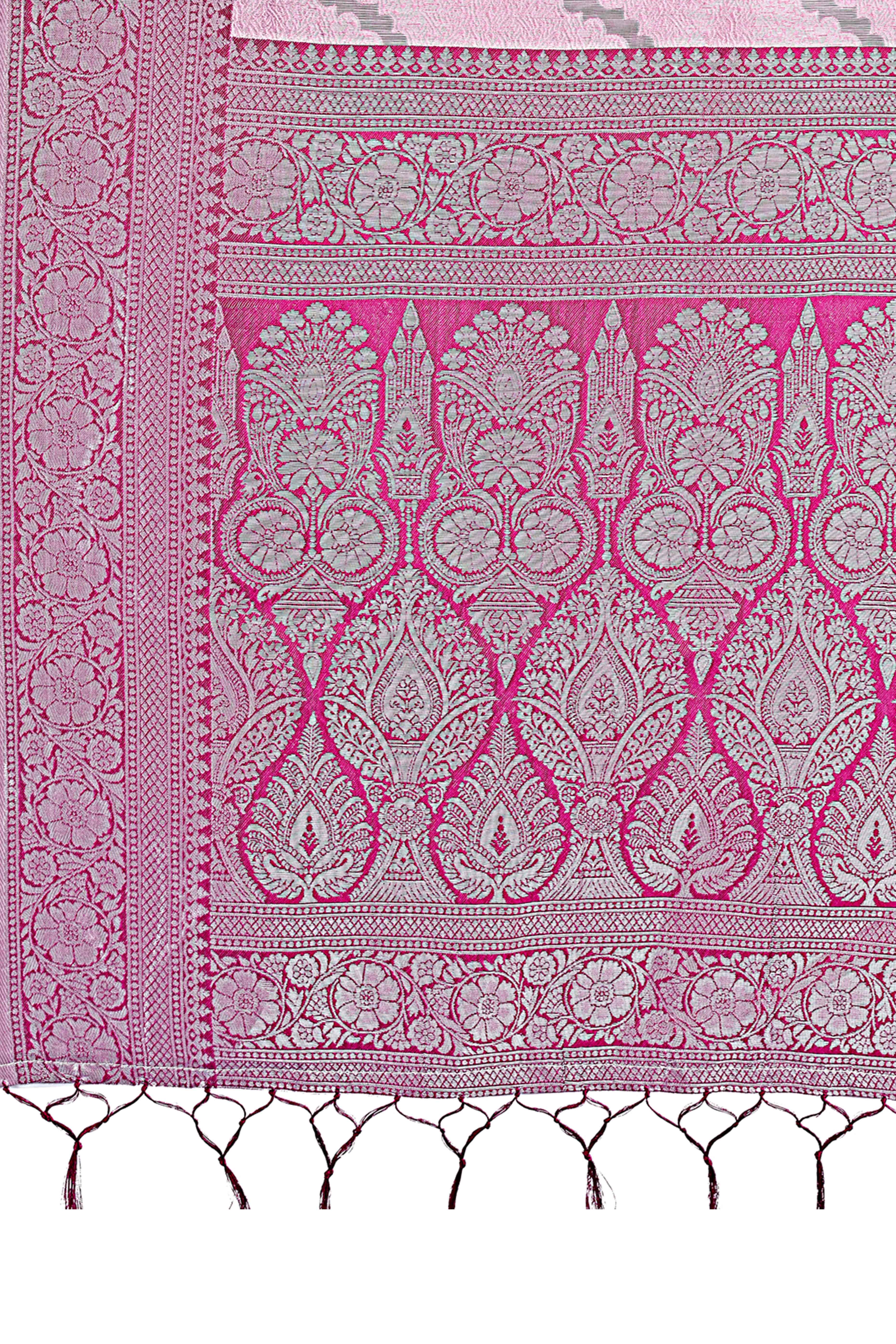 Light Pink Lichi Cotton Silk Saree Adorned With Floral Zari Weave & Tassels