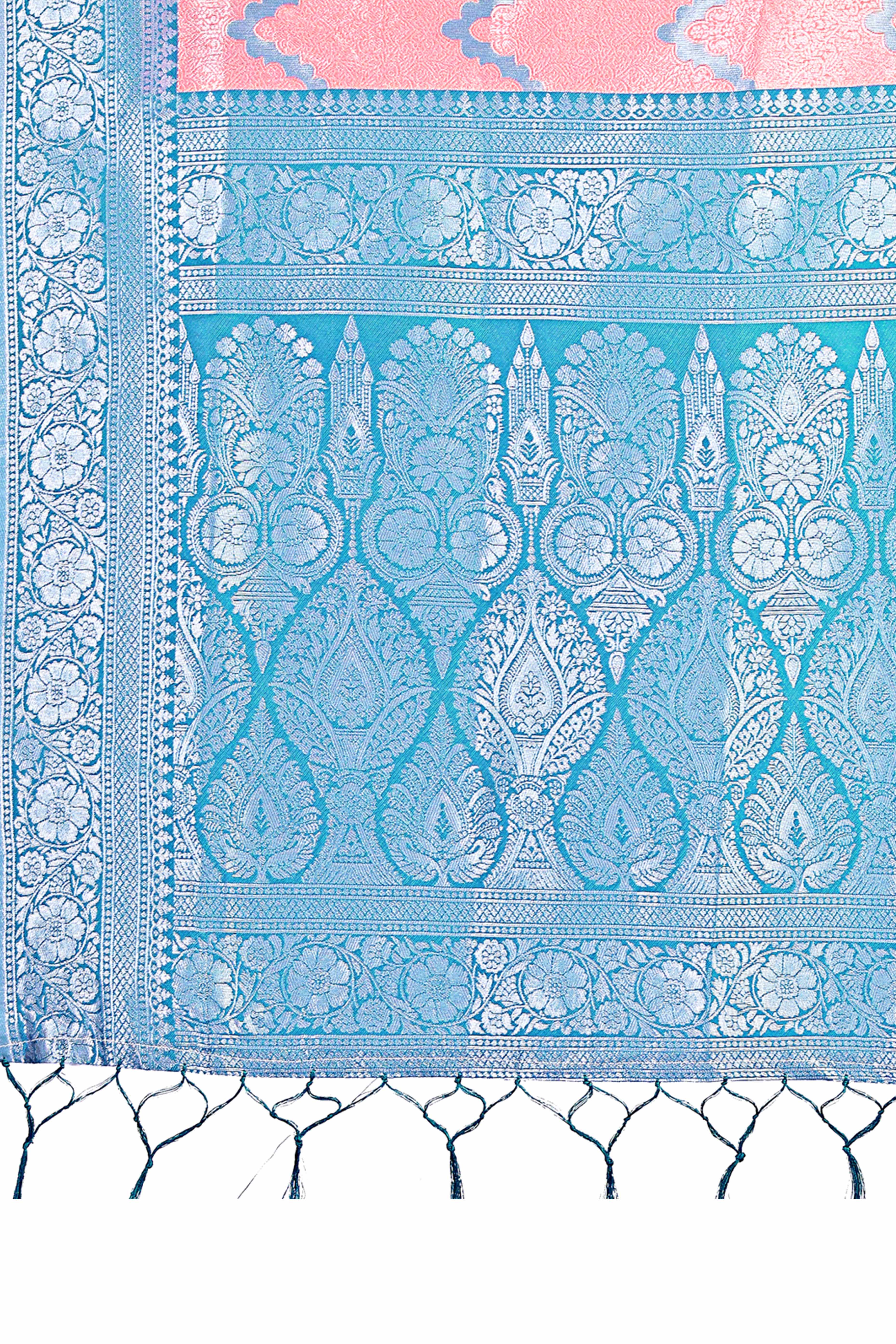 Peach Lichi Cotton Silk Saree Adorned With Floral Zari Weave & Tassels