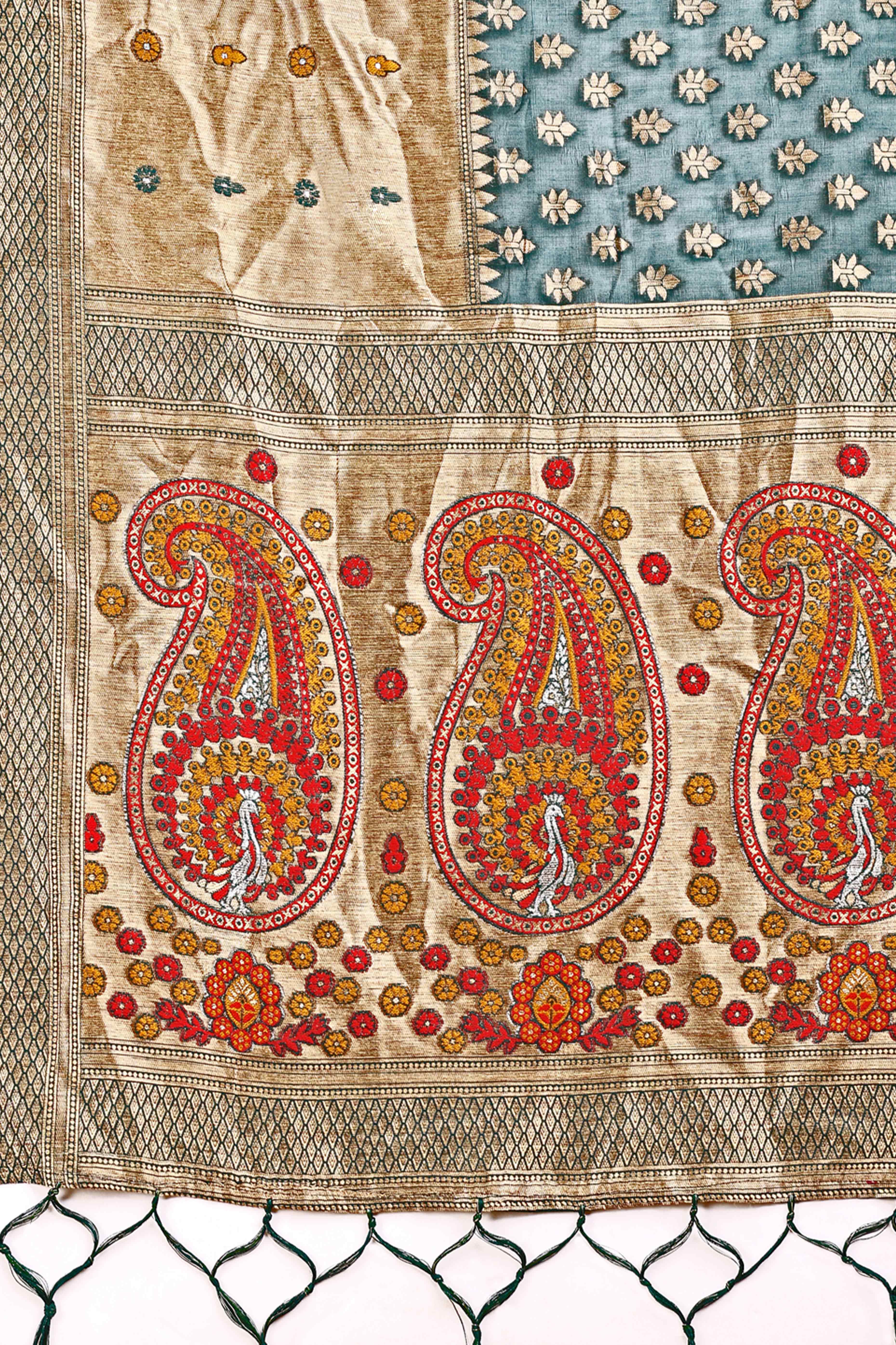 Teal Zari Butti Weaving Linen Cotton Saree