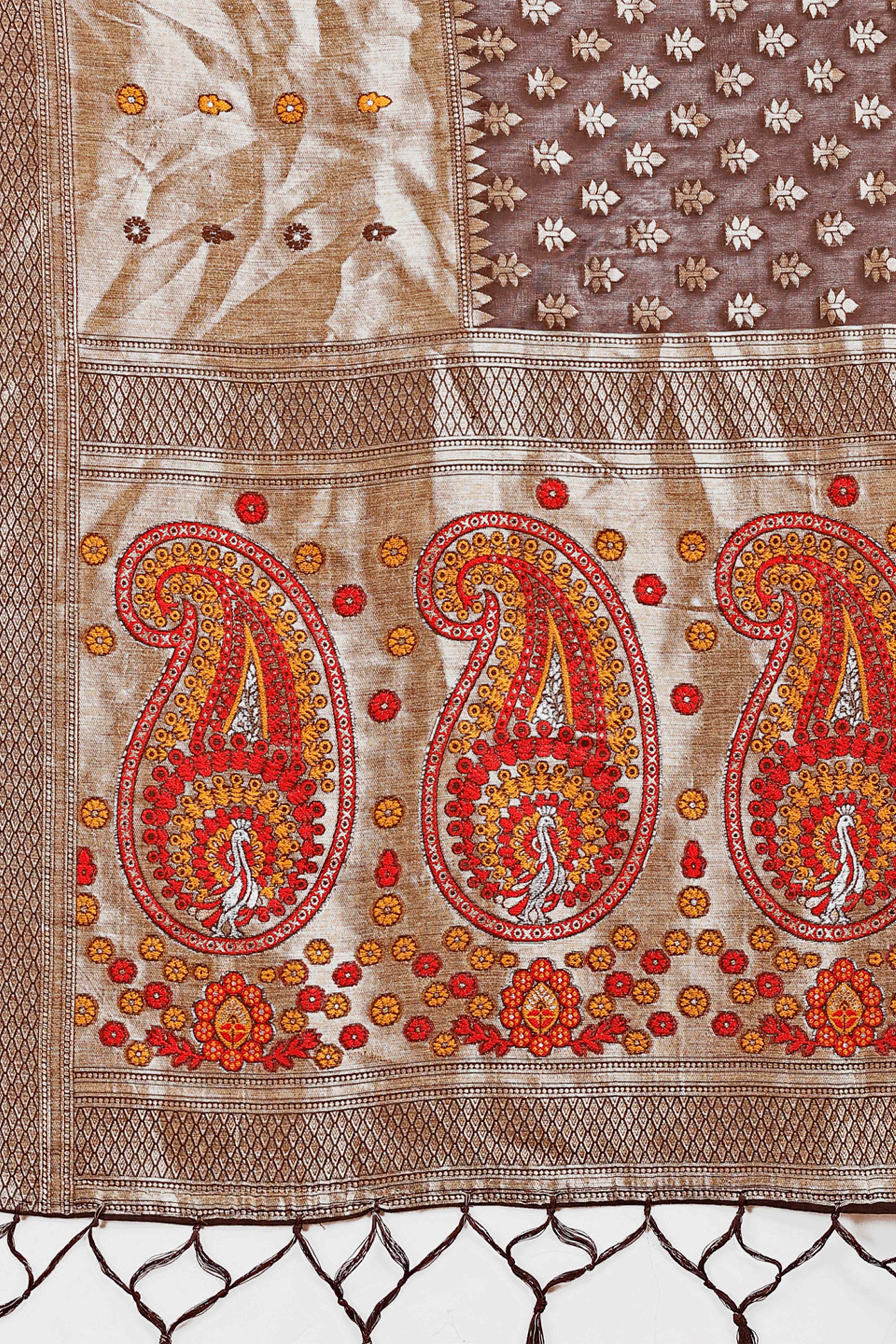 Brown Zari Butti Weaving Linen Cotton Saree