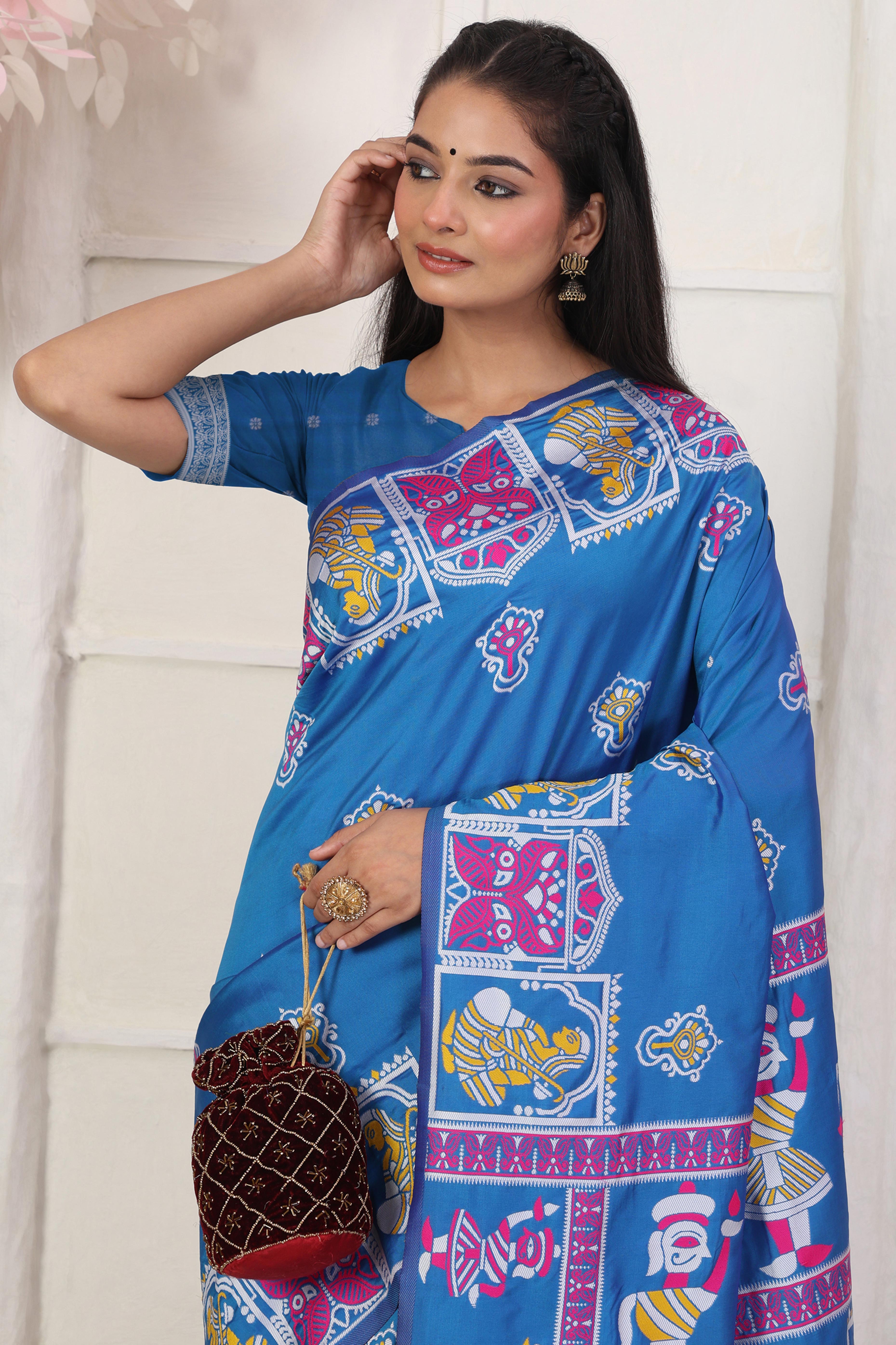 Blue Ethnic Madhubani Print Silk Blend Saree Enhanced With Tassel Pallu Accents