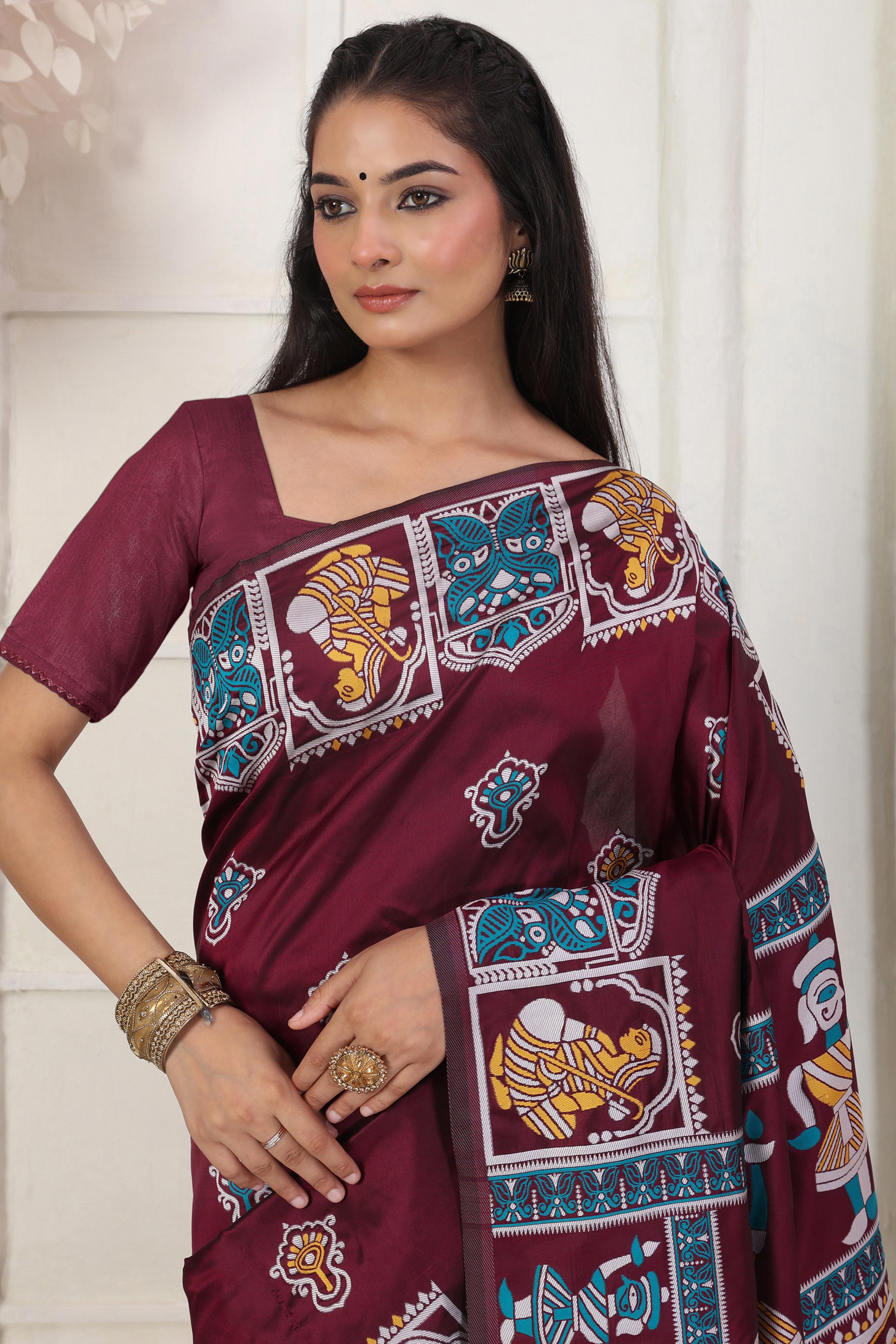Dark Wine Ethnic Madhubani Print Silk Blend Saree Enhanced With Tassel Pallu Accents