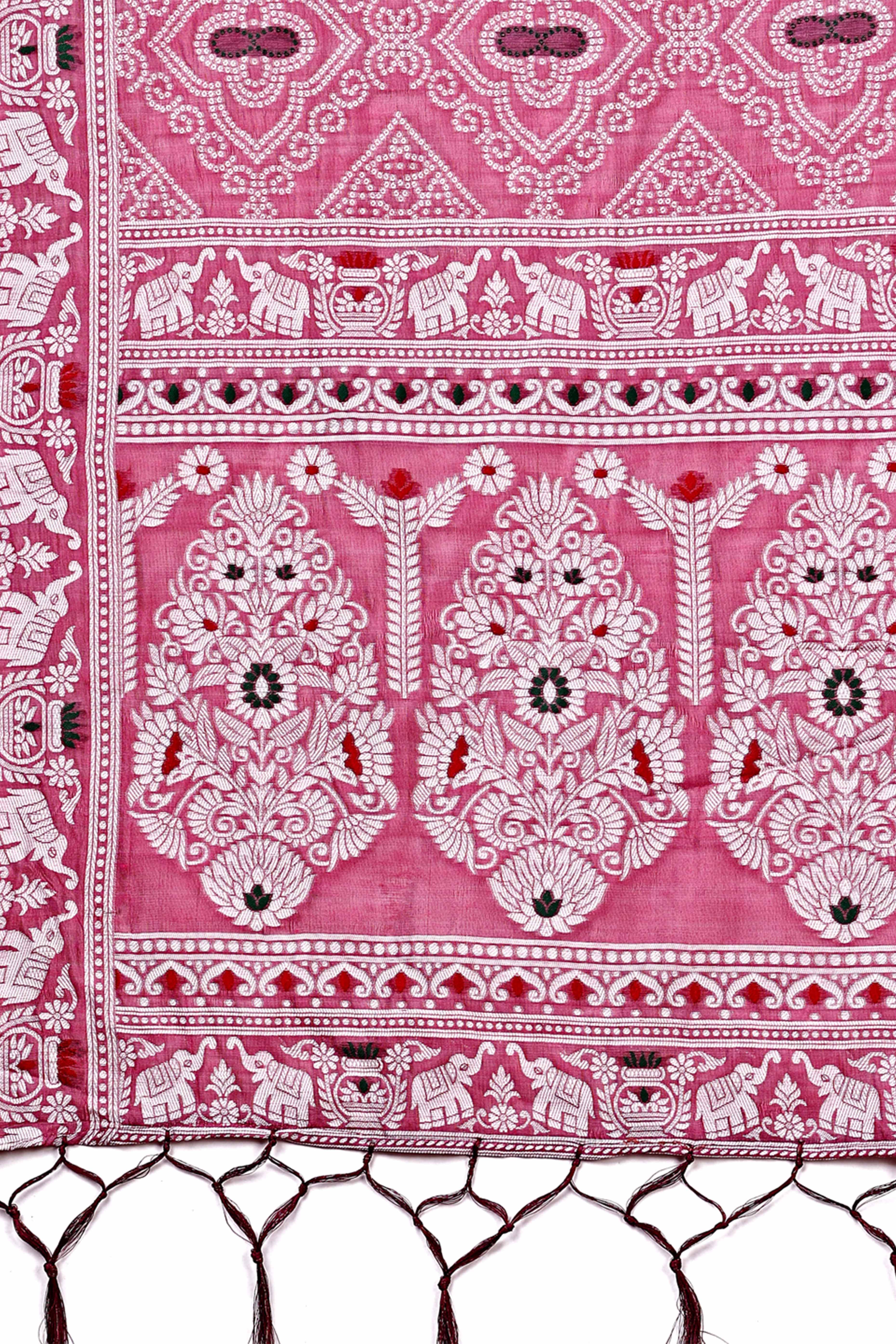 Traditional Bandhani Inspired Woven Pink Saree in Breathable Linen Cotton