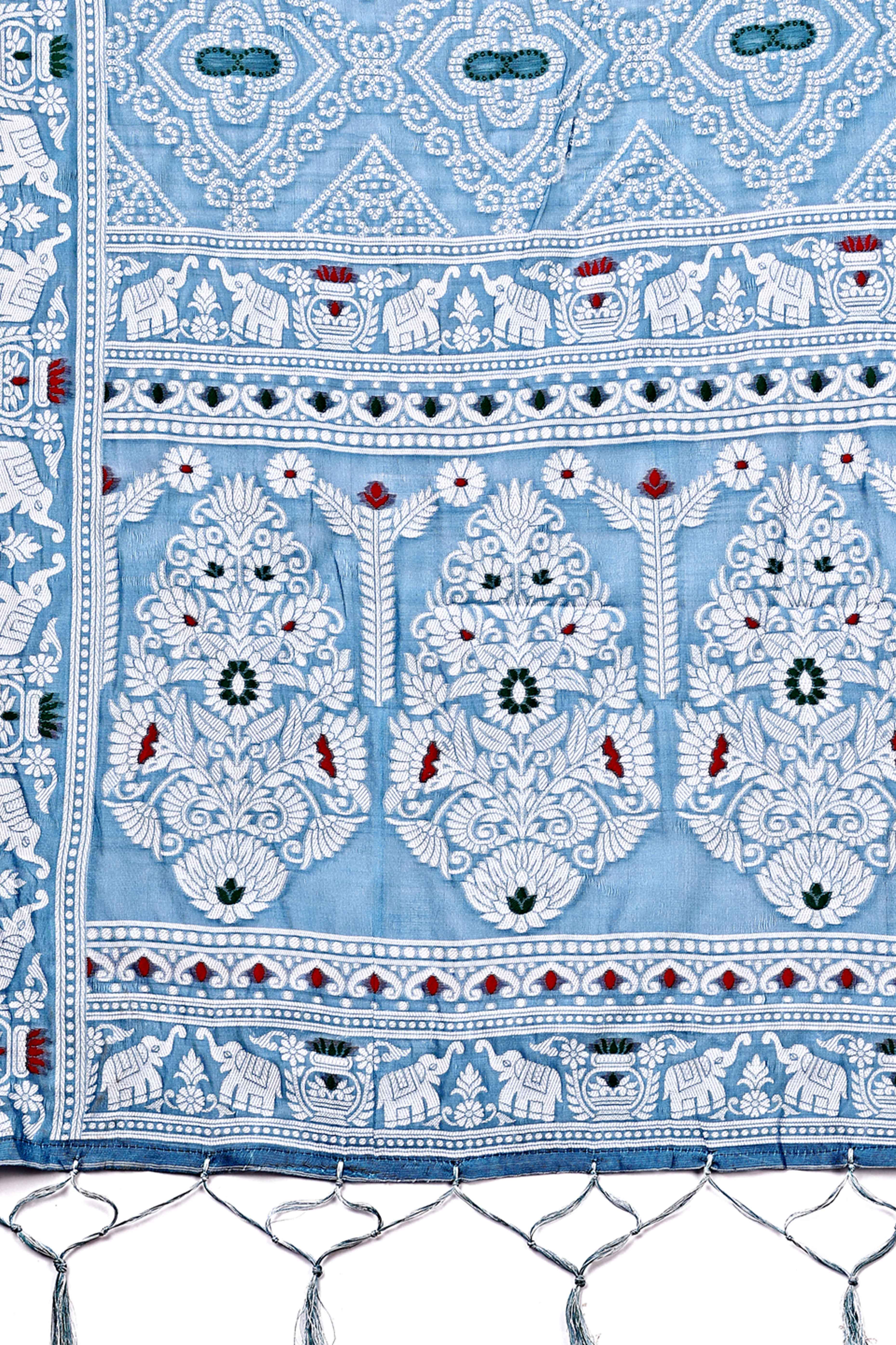 Traditional Bandhani Inspired Woven Sky Blue Saree in Breathable Linen Cotton