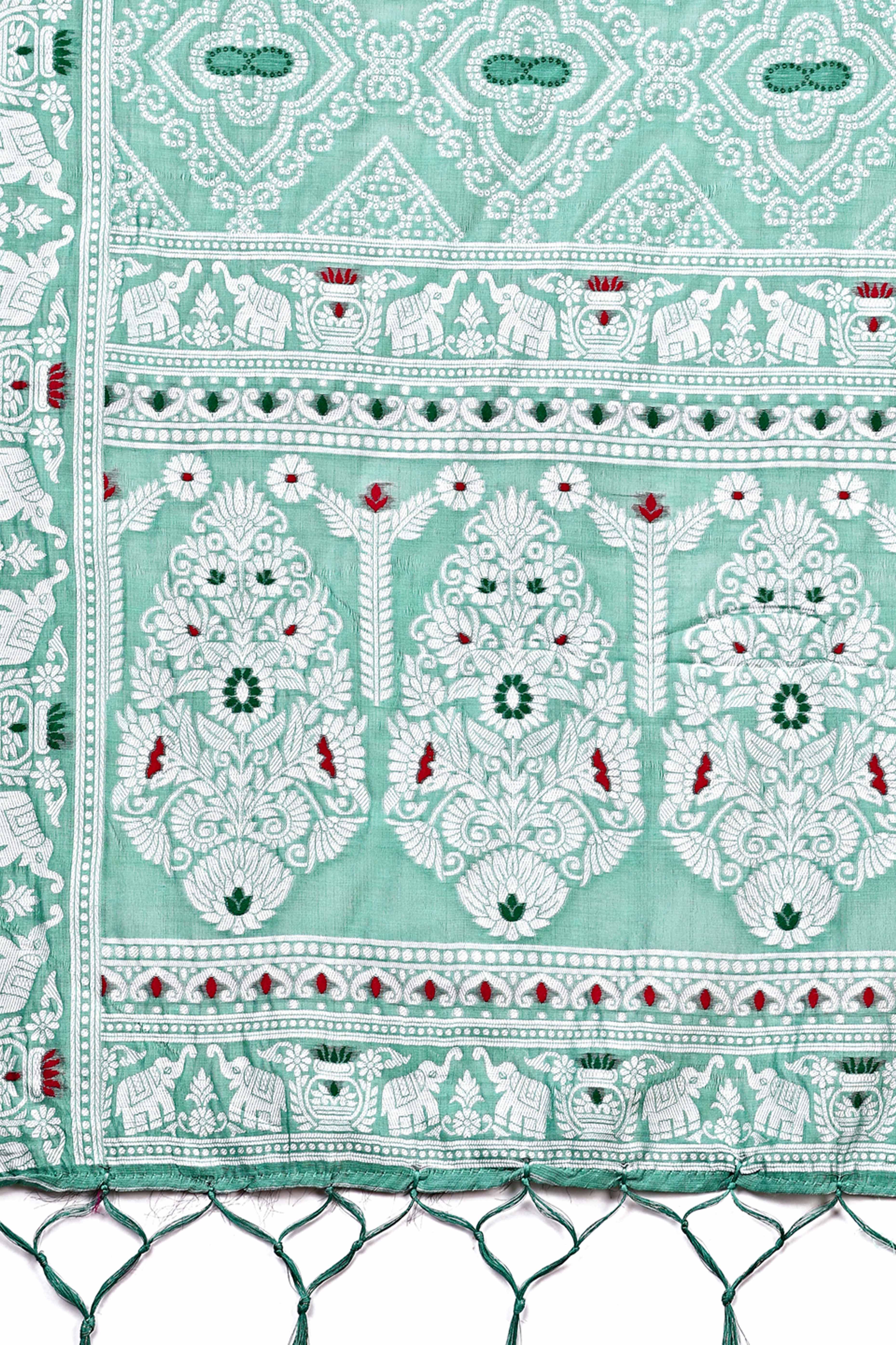 Traditional Bandhani Inspired Woven Sea Green Saree in Breathable Linen Cotton
