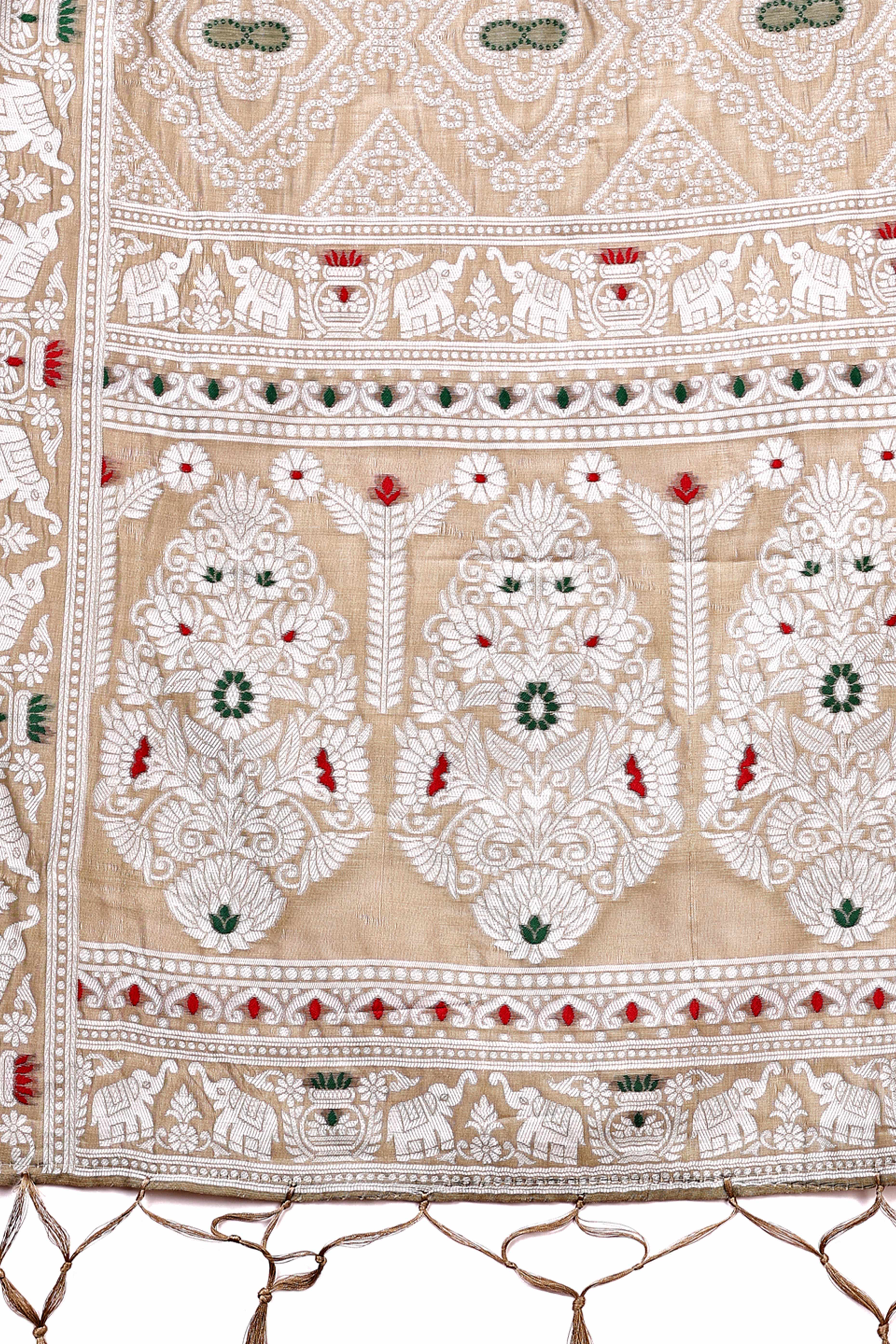 Traditional Bandhani Inspired Woven Beige Saree in Breathable Linen Cotton