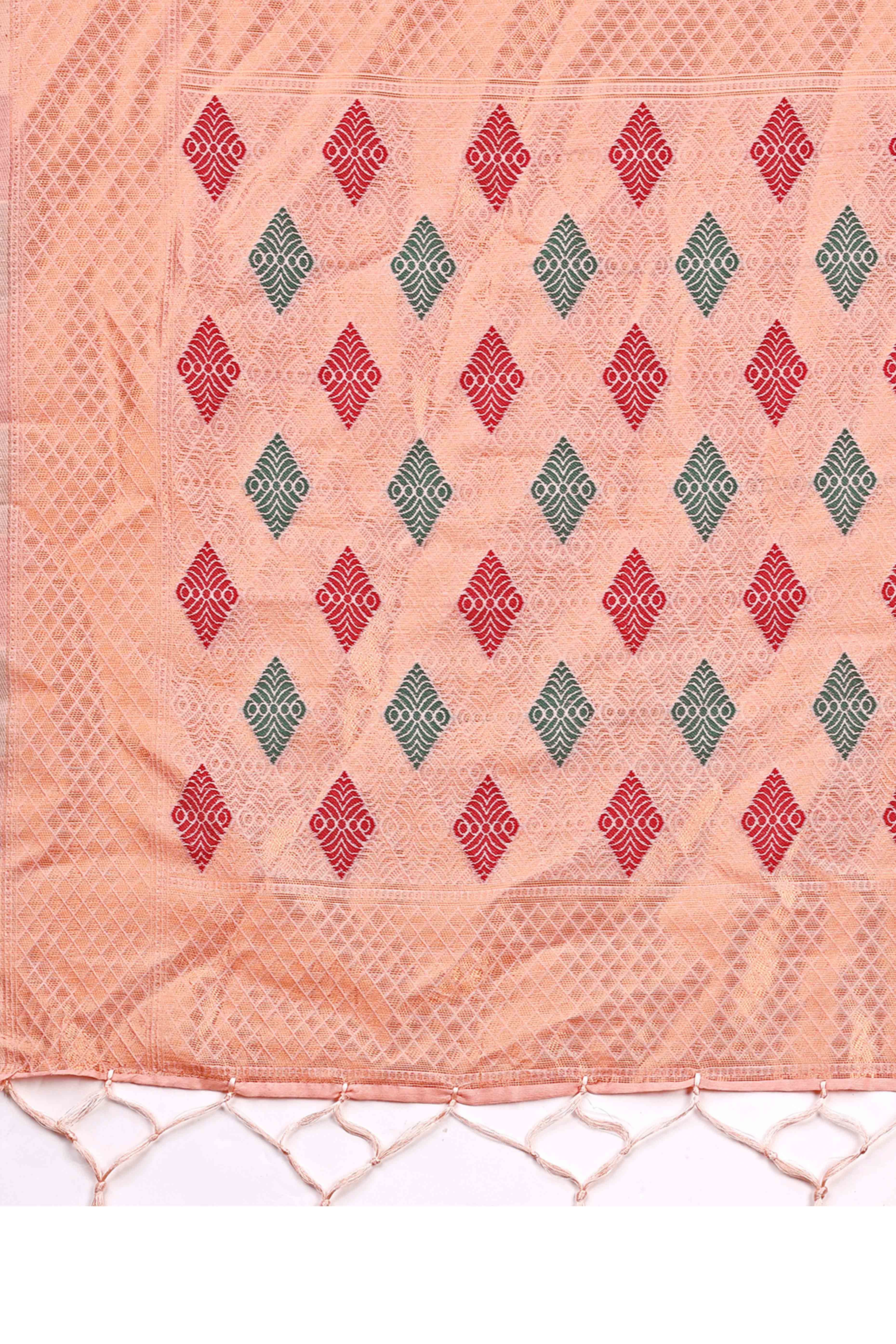 Peach Floral Zari Weaving Linen Cotton Saree With Tassel Pallu Accent