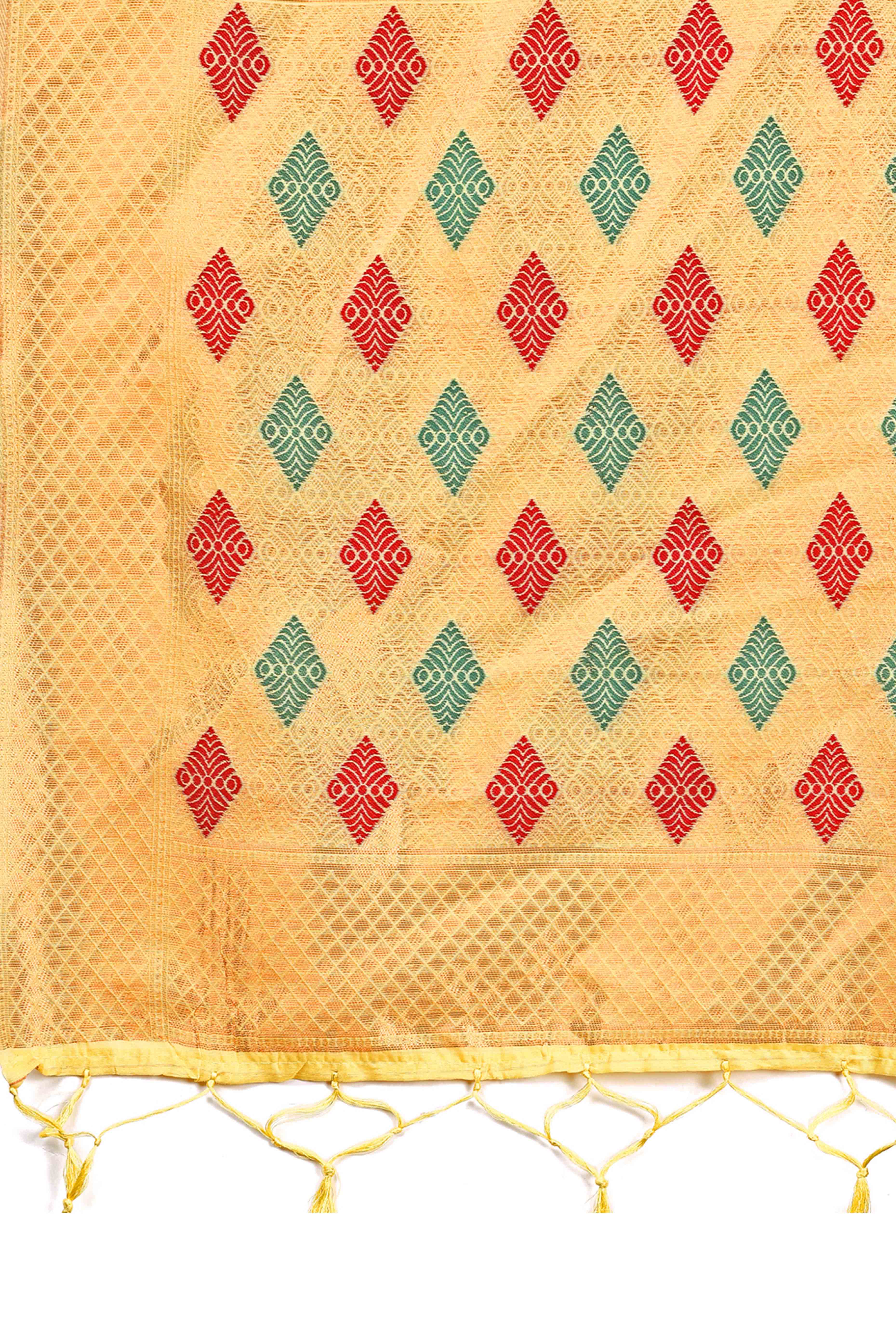 Yellow Floral Zari Weaving Linen Cotton Saree With Tassel Pallu Accent