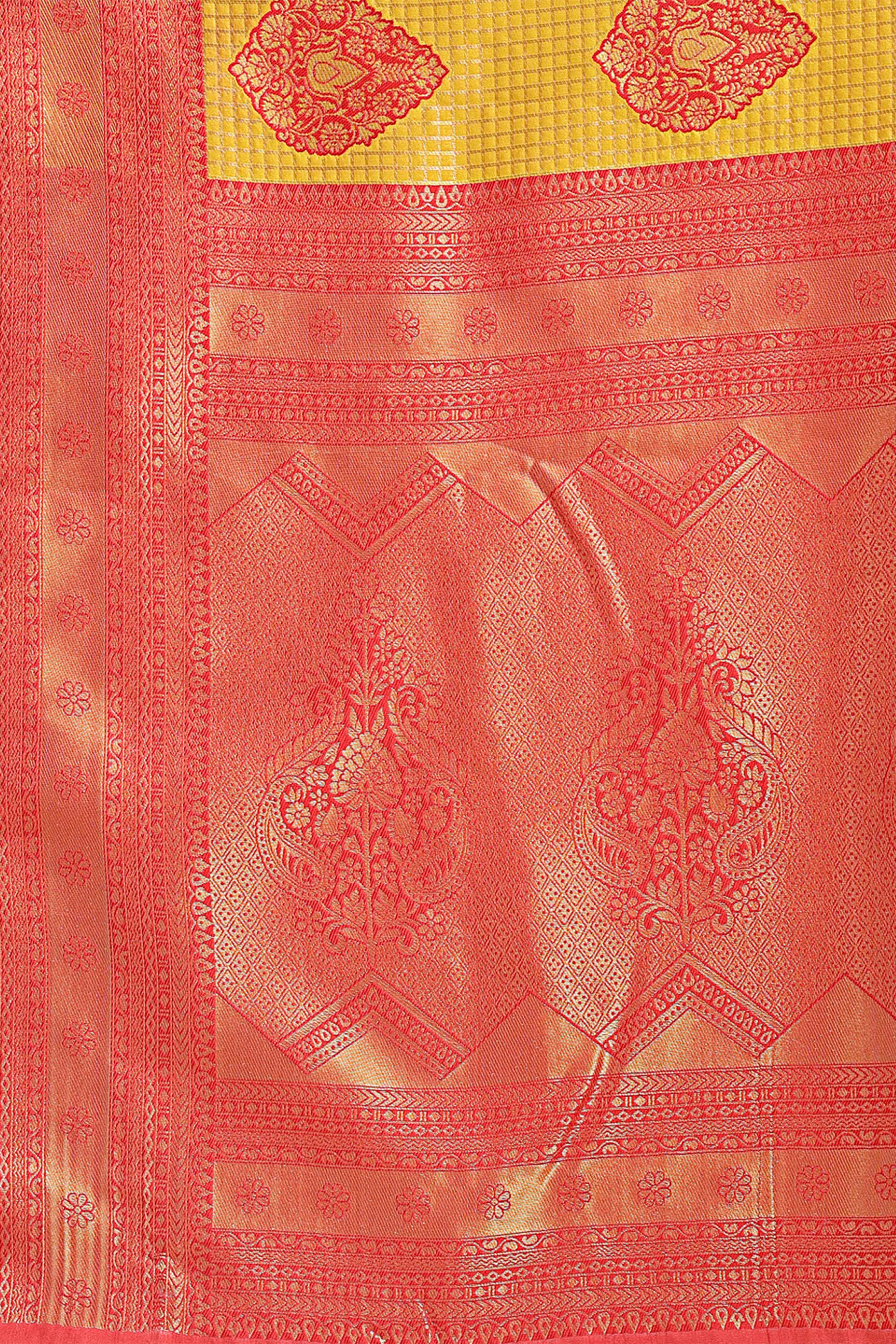 Yellow & Red Saree in Pure Banarasi Silk with Intricate Zari Borders and Motifs