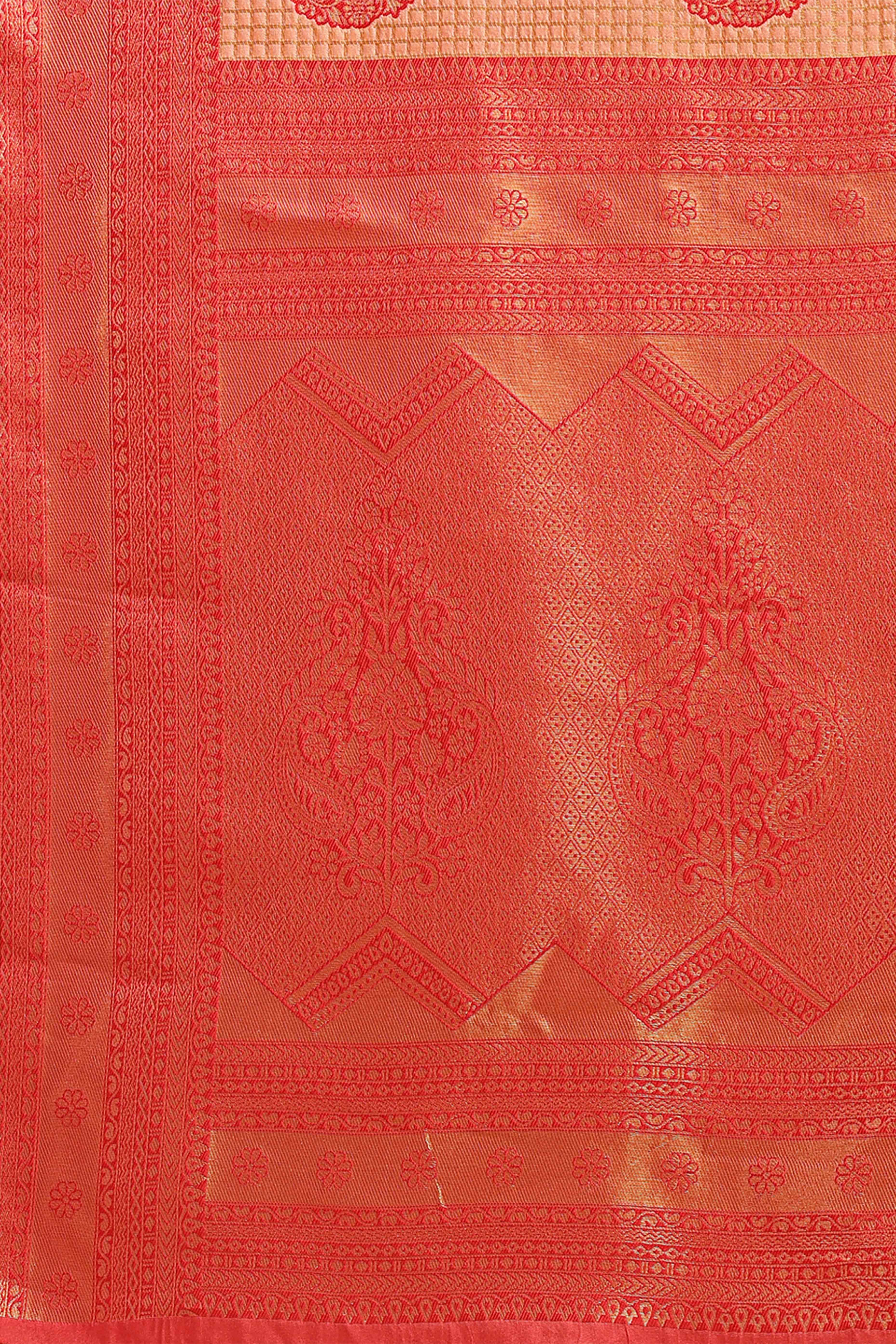 Orange & Red Saree in Pure Banarasi Silk with Intricate Zari Borders and Motifs
