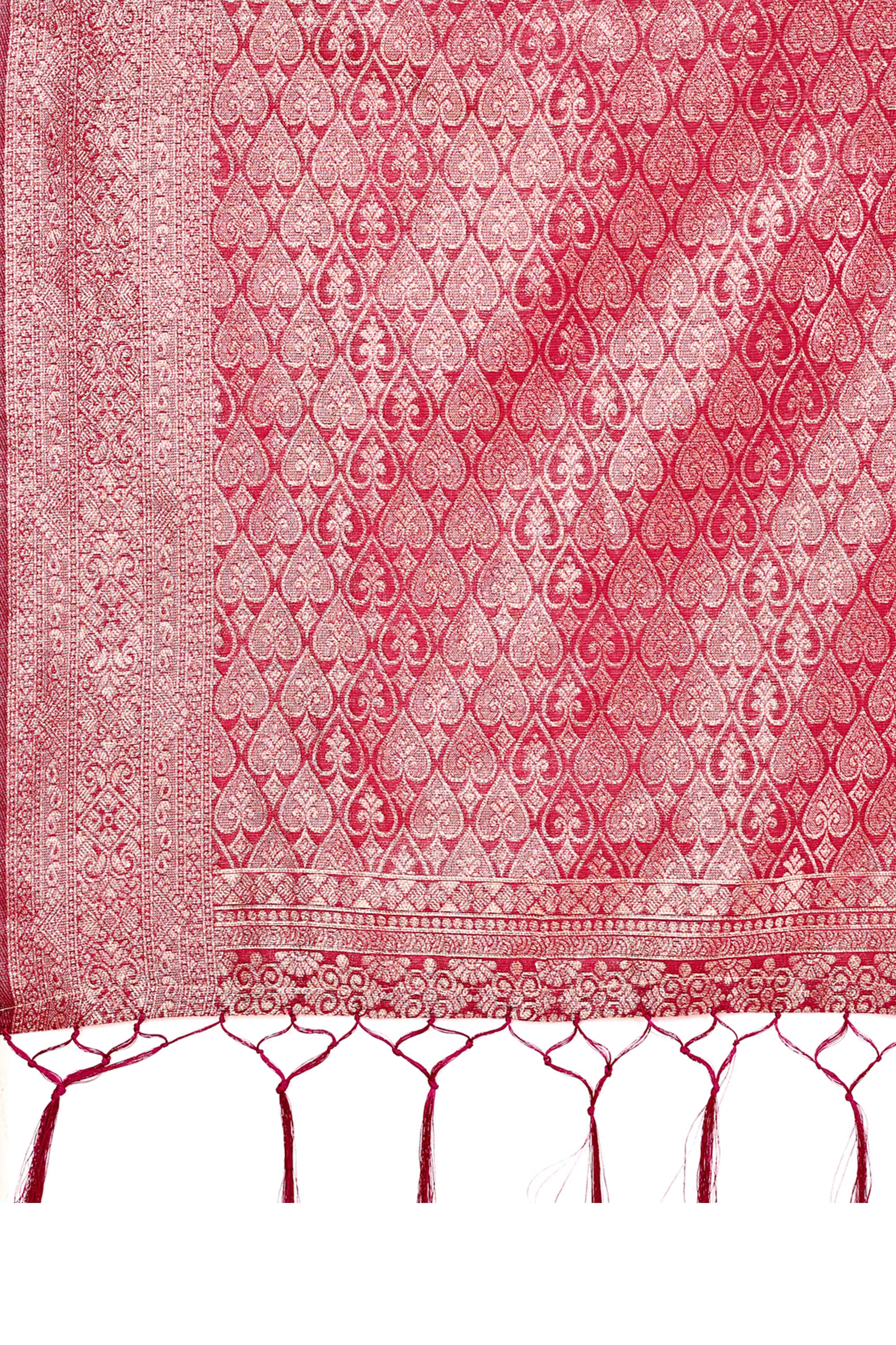 Floral Weaving On Pink Cotton Blend Saree With Tassels