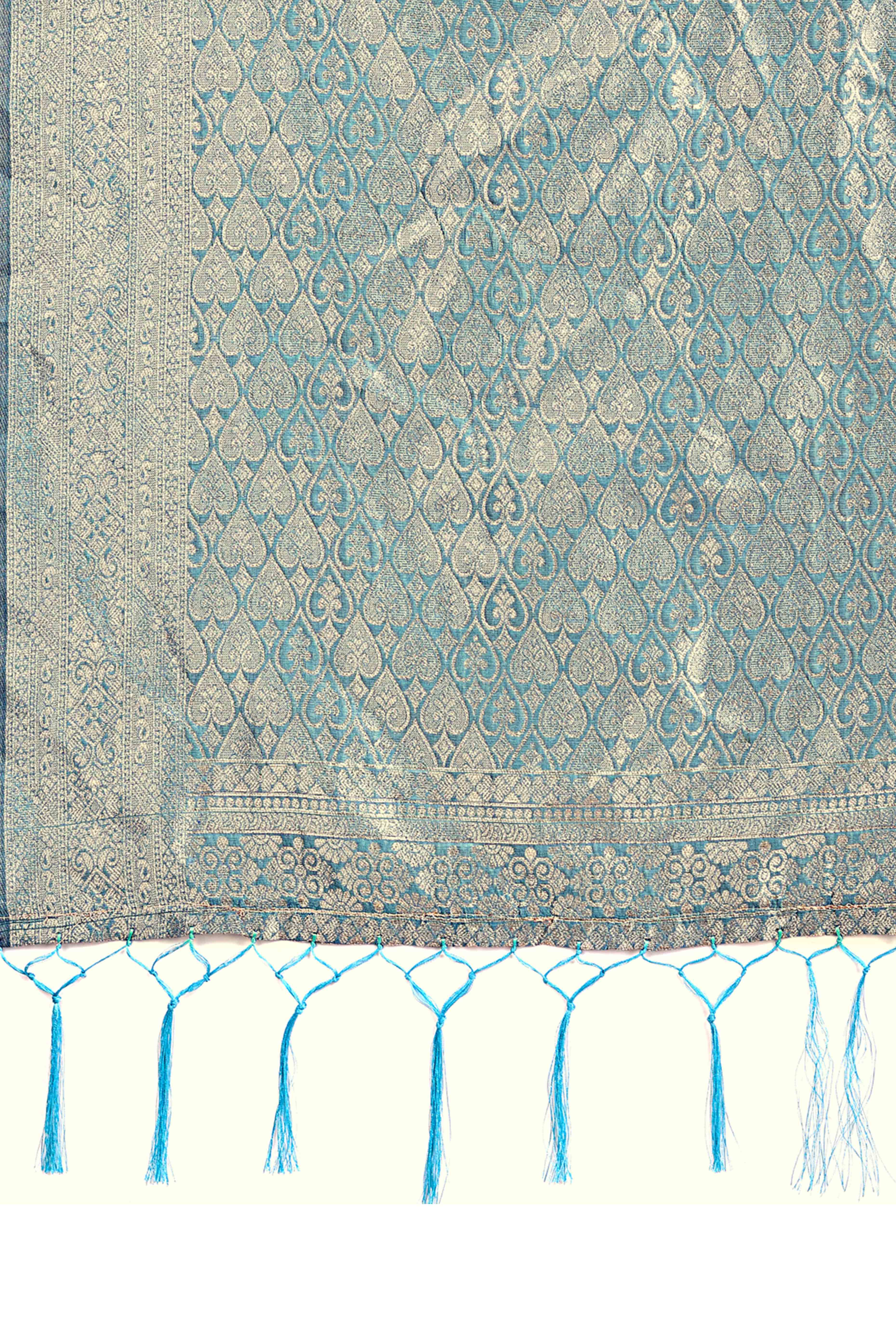 Floral Weaving On Bluish Grey Cotton Blend Saree With Tassels